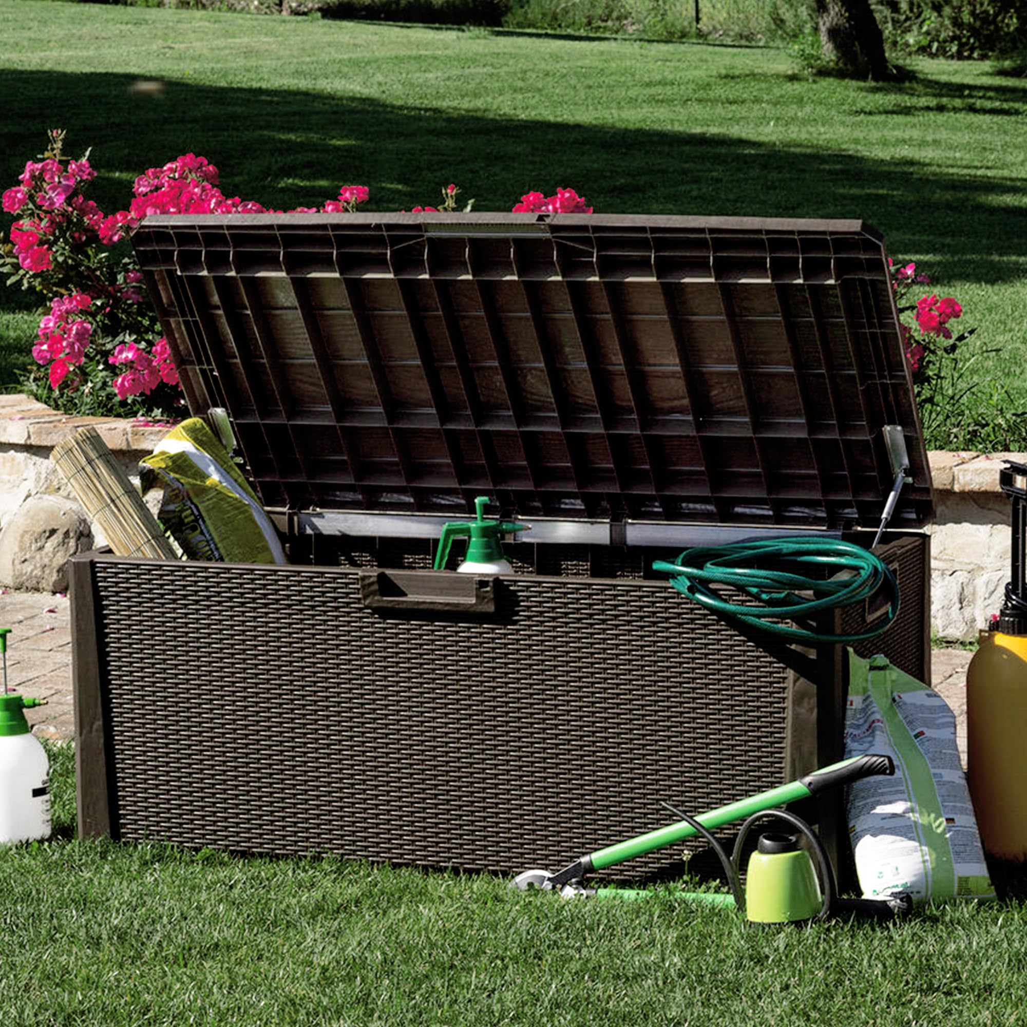 Santorini Plus Large Capacity Lockable Deck Storage Box Bench with Built-In Cushion Seats & Easy-Open Lid - Outdoor Patio Furniture for Garden, Poolside, and Backyard (Brown)