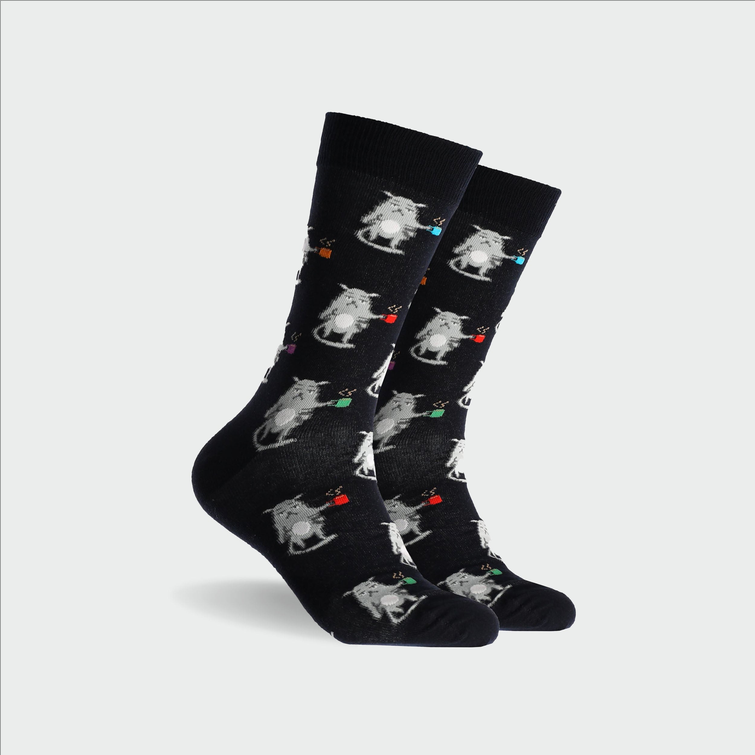Men's Coffee Cat Cotton Crew Socks - Black | Comfortable Novelty Socks for Casual Wear & Gifts