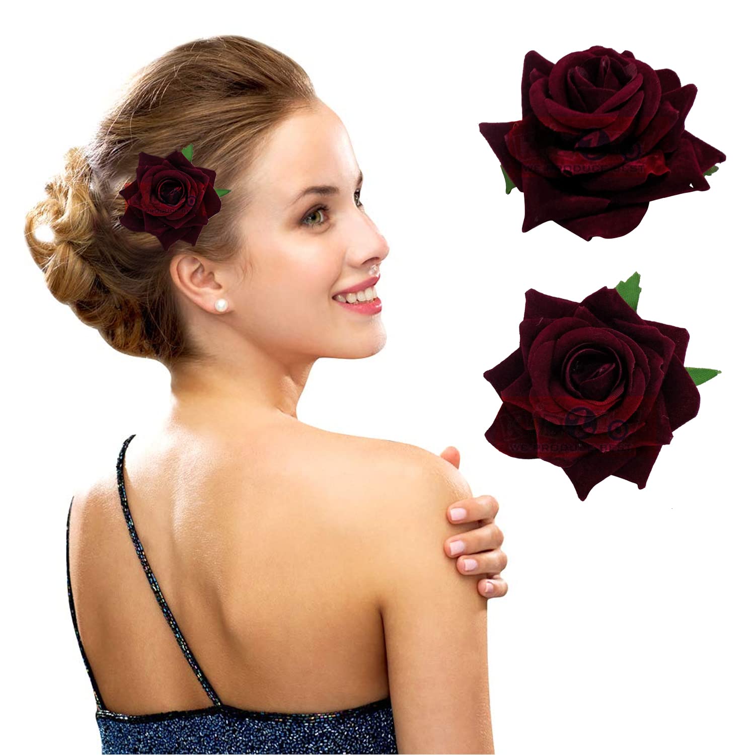Kidzoo Rose Flower Bridal Hair Clips - 2 Pack Wedding Hair Accessories for Women & Girls | Perfect for Brides, Prom, Formal Events & Special Occasions (Maroon)