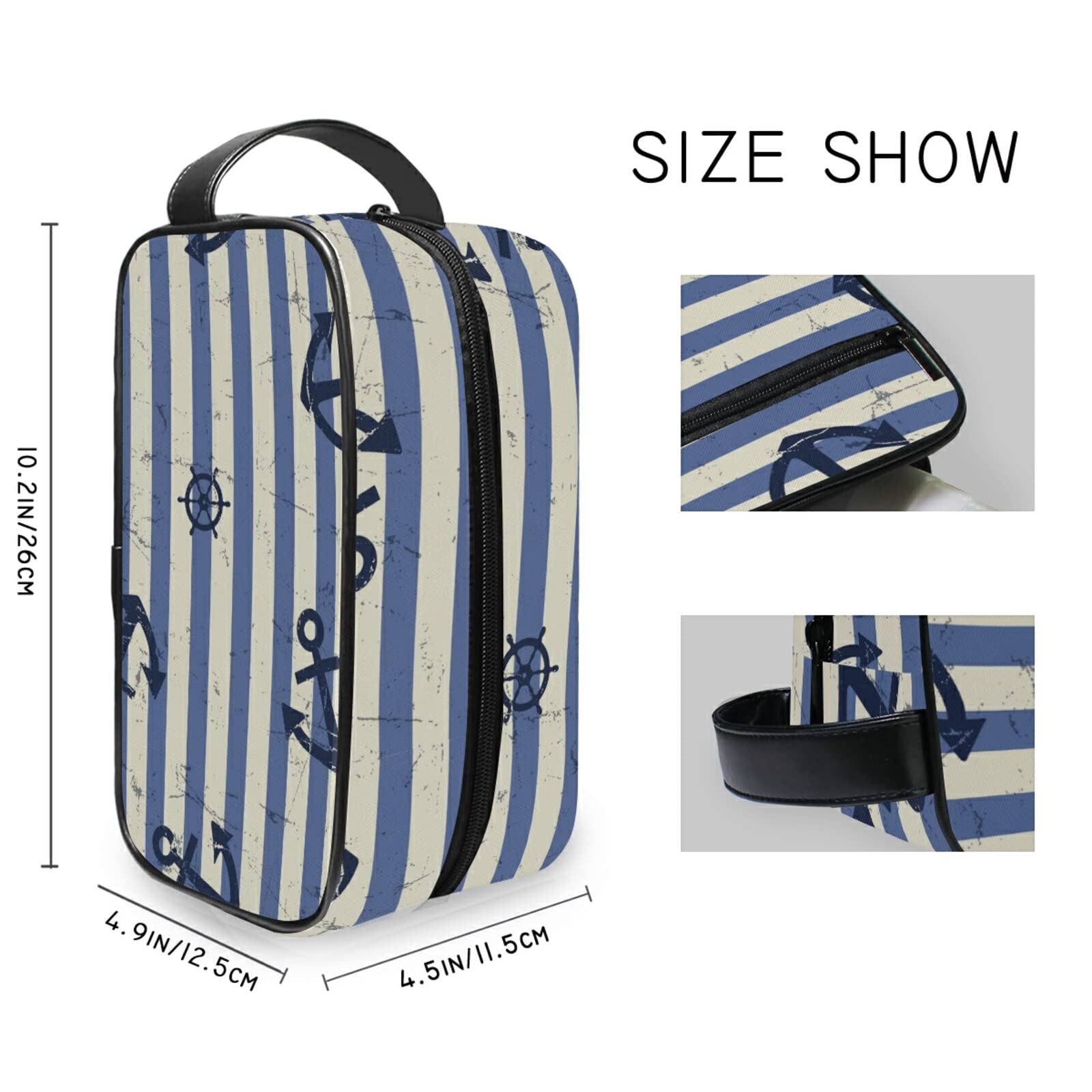 Large Capacity Waterproof Makeup Organizer Bag - Retro Stripes Navy Blue Anchor Design, Travel Cosmetic Case & Toiletry Storage Pouch for Women | Perfect for Travel, Gym, Beach & Daily Use
