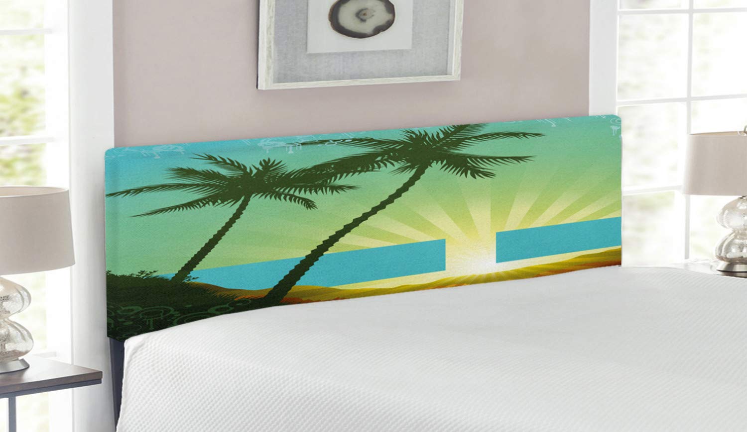 Ambesonne Tropical Sunrise & Palm Trees Silhouette Upholstered Headboard - Queen Size Memory Foam Bed Headboard in Seafoam Lime Green - Perfect for Beach & Coastal Themed Bedrooms