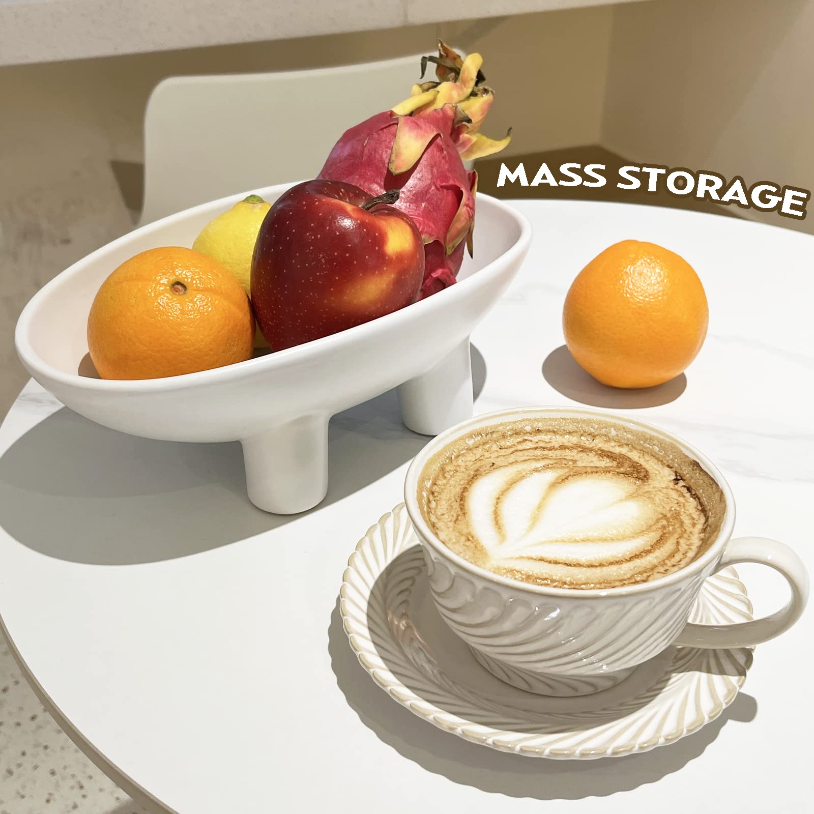 White Ceramic Fruit Bowl - Large Oval Decorative Serving Dish for Fruits, Candy & Home Decor (16.5 x 7.2 x 7.48 inches) | Perfect for Dining Table Centerpiece, Kitchen Counter Display & Party Snack Serving