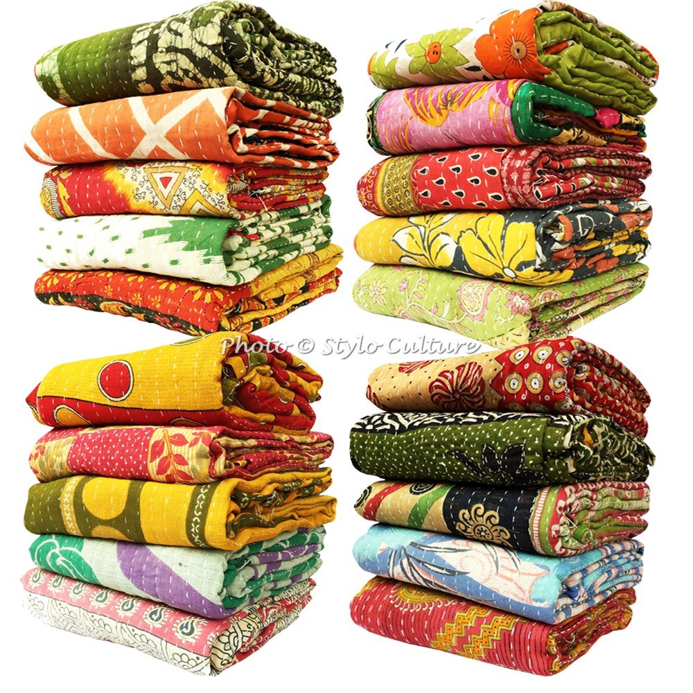Vintage Indian Kantha Throw Blanket - Handmade Sari Quilt, Twin Size Printed Bengali Gudri Blanket - Wholesale Lot of 25 Pcs - Perfect for Boho Home Decor, Bedroom Accent & Cozy Living Room Throws