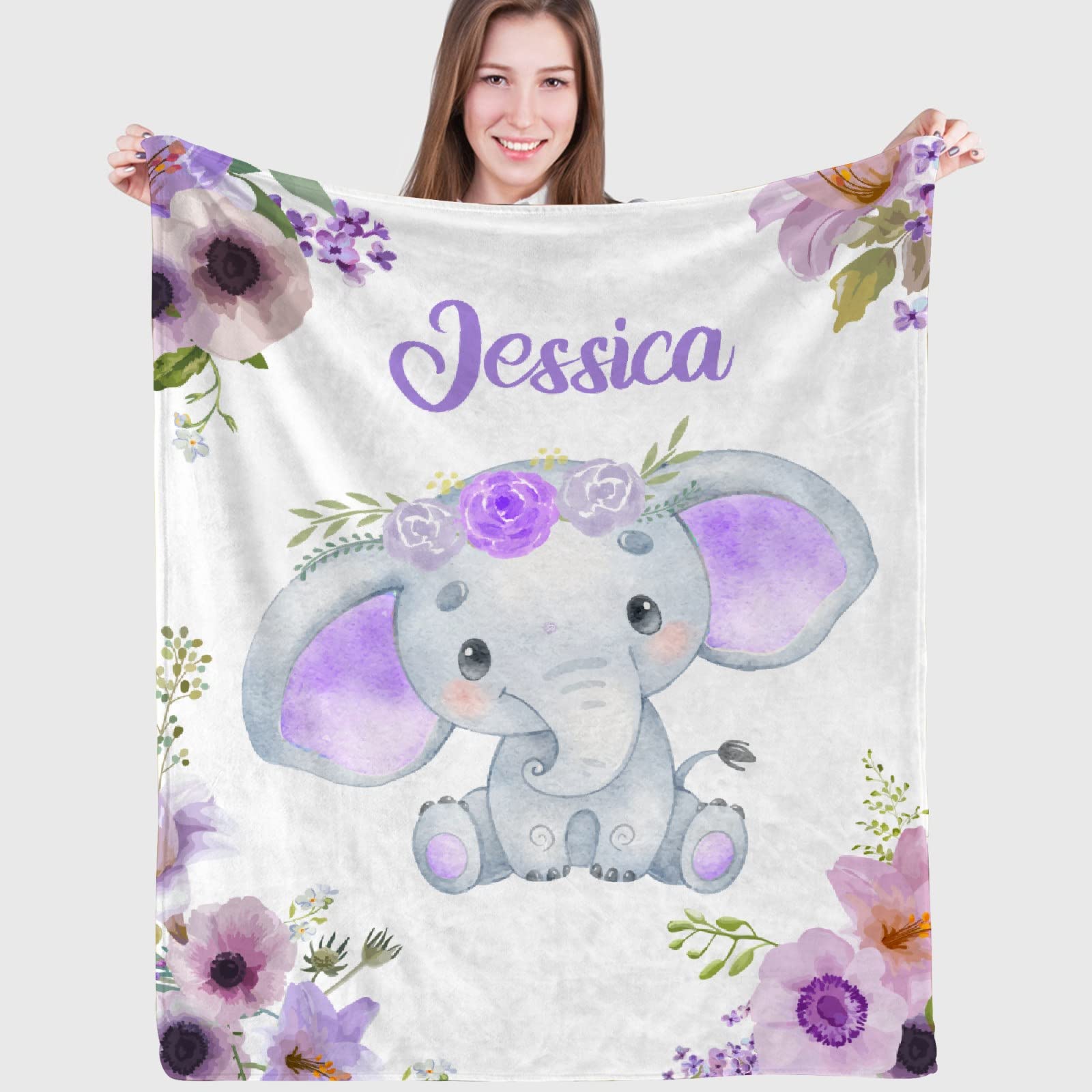Personalized Custom Baby Blanket with Name - Purple Floral Elephant Design - Soft Fleece Flannel Blanket for Boys & Girls - Perfect Baby Shower Gift, Birthday Present for Daughter - Extra Large 120
