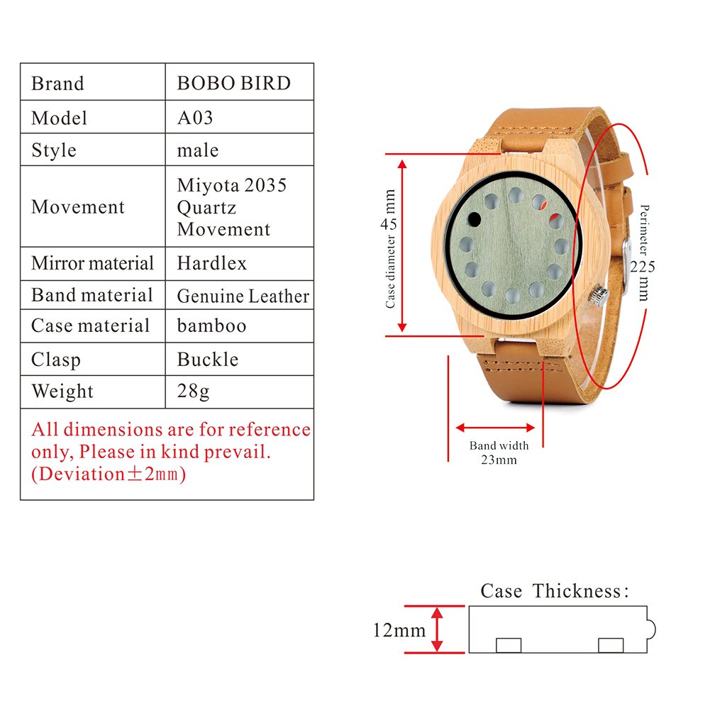 BOBO BIRD Men's Bamboo Wooden Watch - Black Genuine Leather Strap with 12 Holes, Minimalist Wood Grain Design for Casual & Sports Wear - Perfect for Outdoor Activities, Office & Everyday Use