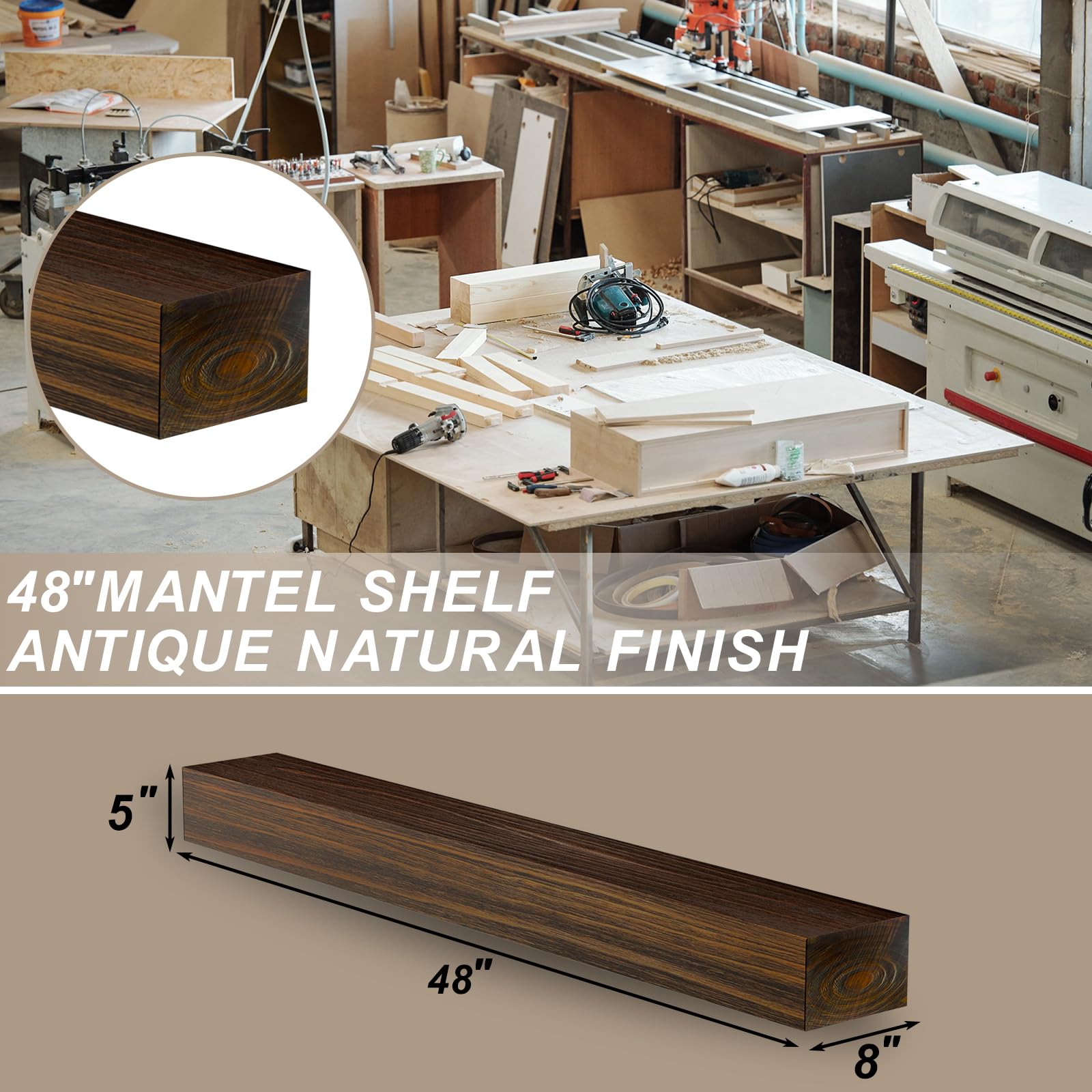 LOVMOR 60-Inch Floating Fireplace Mantel Shelf - Dark Chocolate Wood Wall Mount Mantel for Over Fireplace, 48