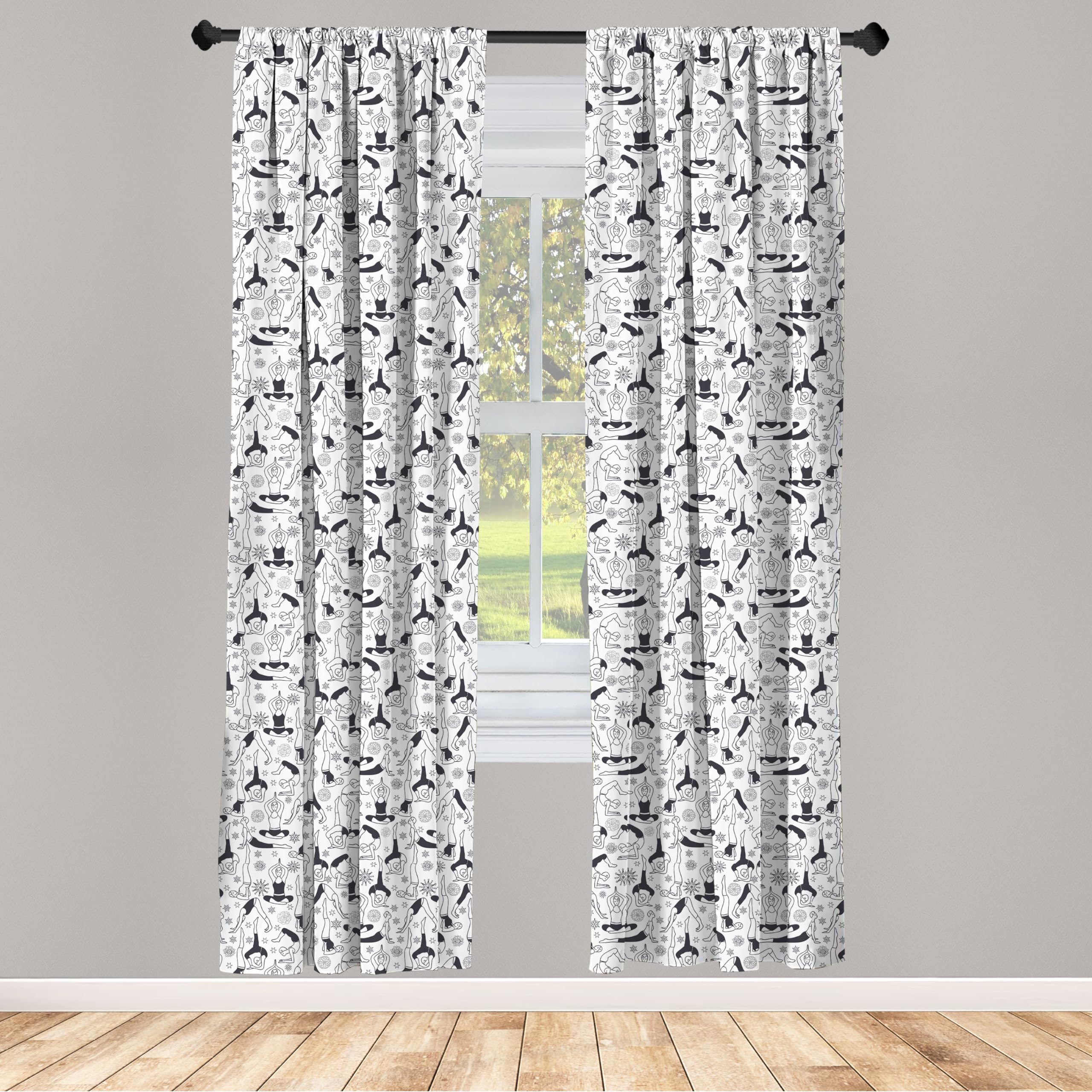 Ambesonne Yoga Themed Black & White Curtains - Monochrome Eastern Poses & Floral Motifs - 28