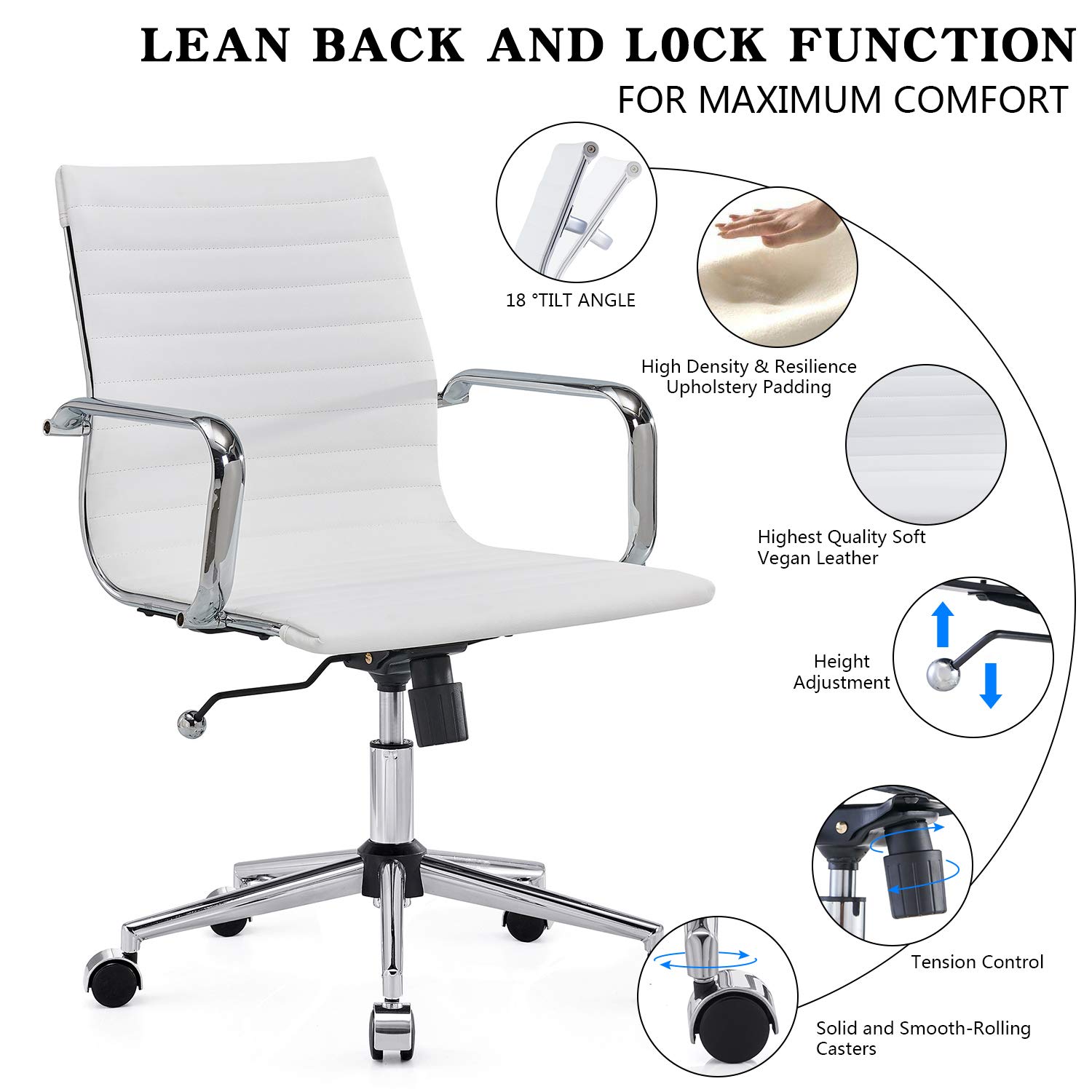 Ergonomic Leather Office Chair - Adjustable Swivel Desk Chair for Home & Work (White)