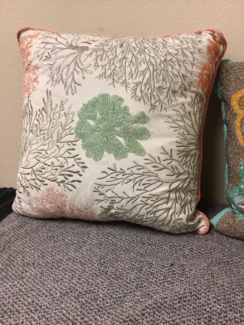 Pier 1 Coral Pattern Decorative Throw Pillow Cover - 18x18 Inch Tropical Beach Style Cushion for Sofa, Bed, Outdoor Patio Furniture
