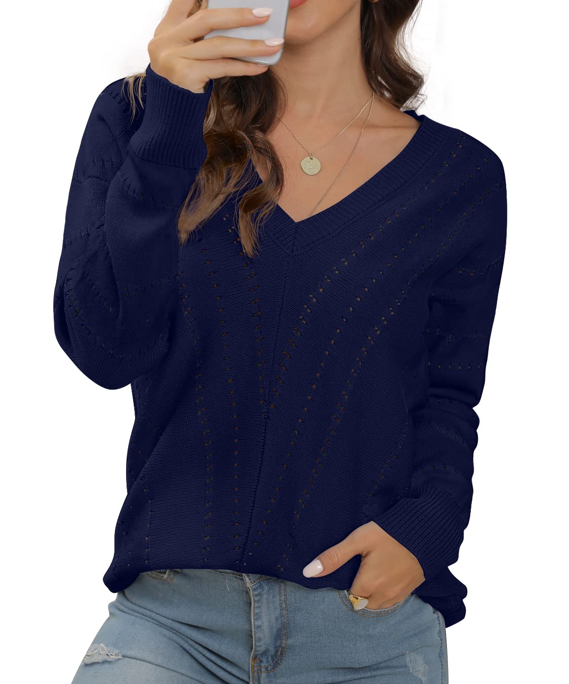 QIXING Women's Striped Knit V-Neck Long Sleeve Pullover Sweater - Casual Office Wear & Fall Layering Essential