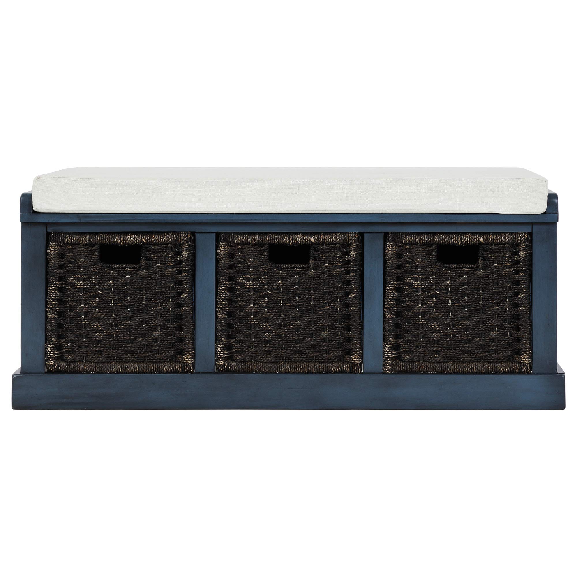 Rustic Acacia Wood Storage Bench with 3 Removable Rattan Baskets & Cushion - Entryway, Living Room, Bedroom Furniture - Classic Antique Navy Design for Home Organization & Decor