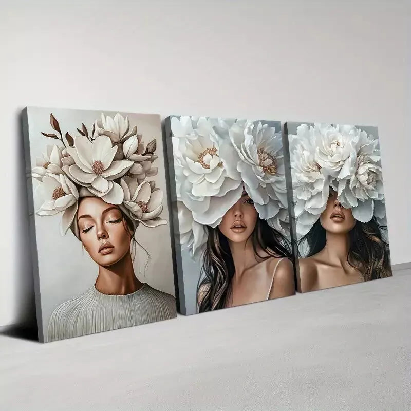 3-Piece Floral Headdress Wall Art Set for Women - 50x70cm Framed Canvas Prints - High Quality Australian Made - Ready to Hang - Perfect for Living Room, Bedroom & Office Decor