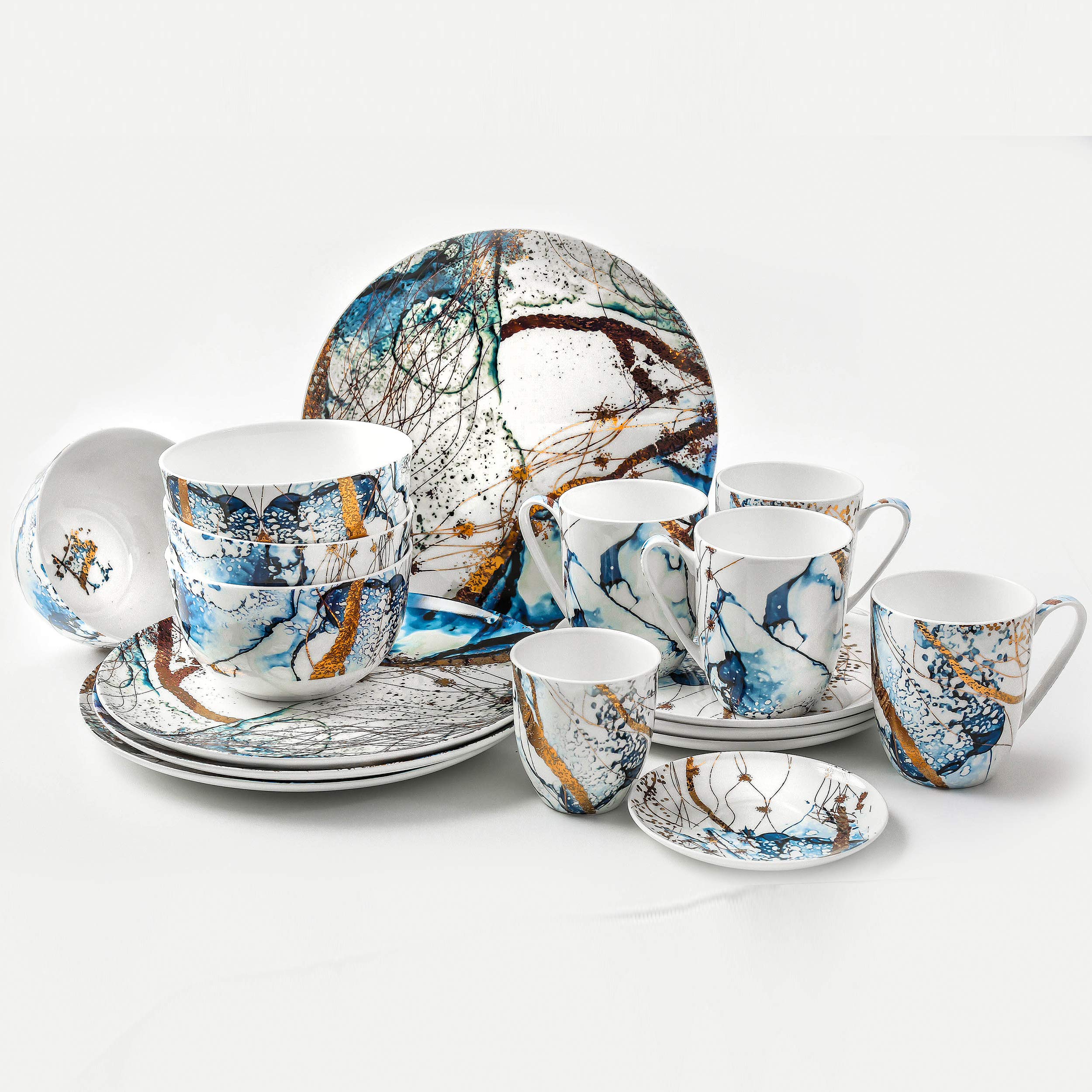KOKEN 16-Piece Ceramic Dinnerware Set for 4 - Bone China Plates & Bowls (Dinner Plates, Salad Plates, Cereal Bowls) - Microwave Safe Dish Set - Perfect for Family Meals, Dinner Parties & Everyday Use