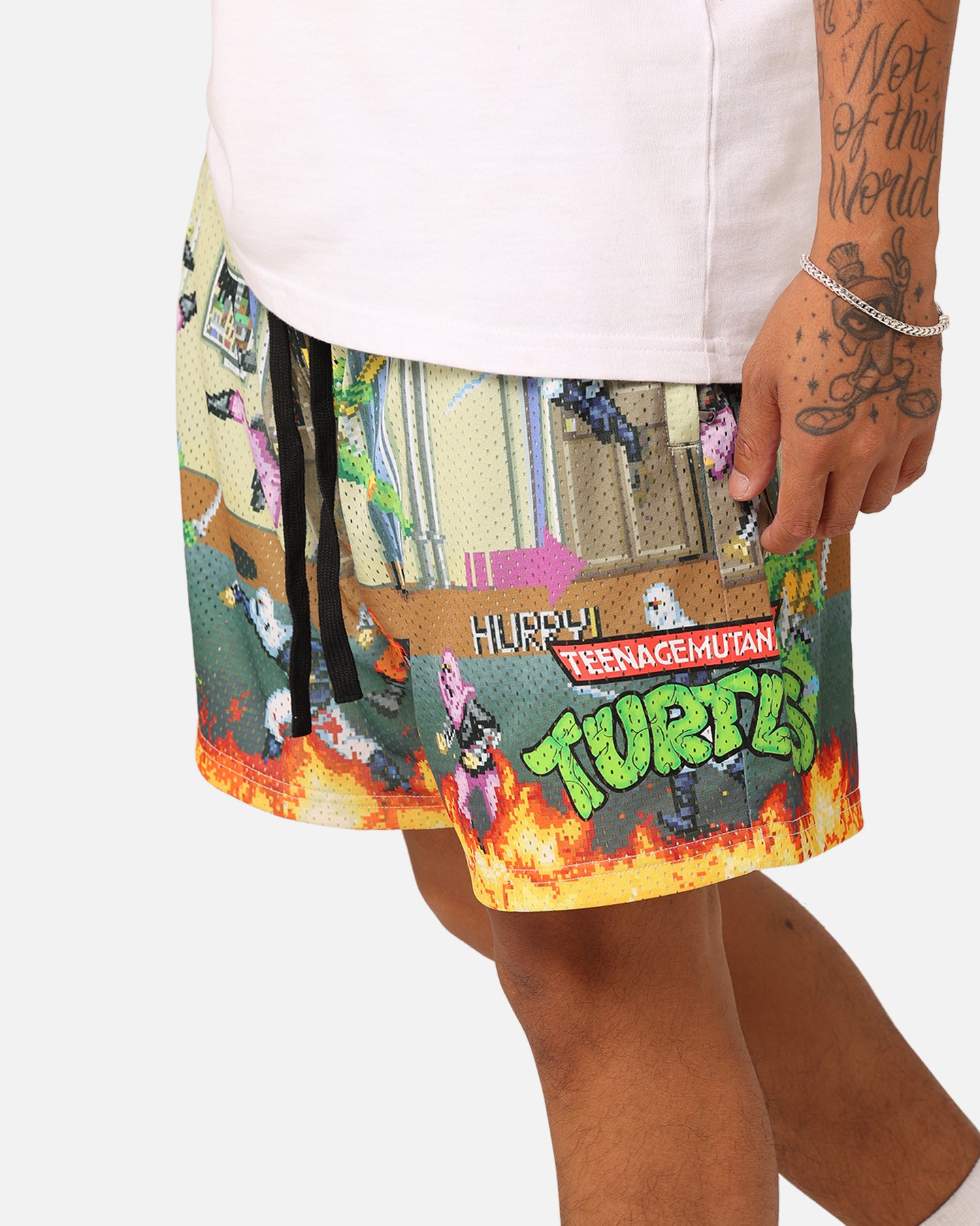 American Thrift X Teenage Mutant Ninja Turtles Arcade Retro Mesh Shorts - Tan/Multi Color - Casual Streetwear & 90s Nostalgia Fashion for Men