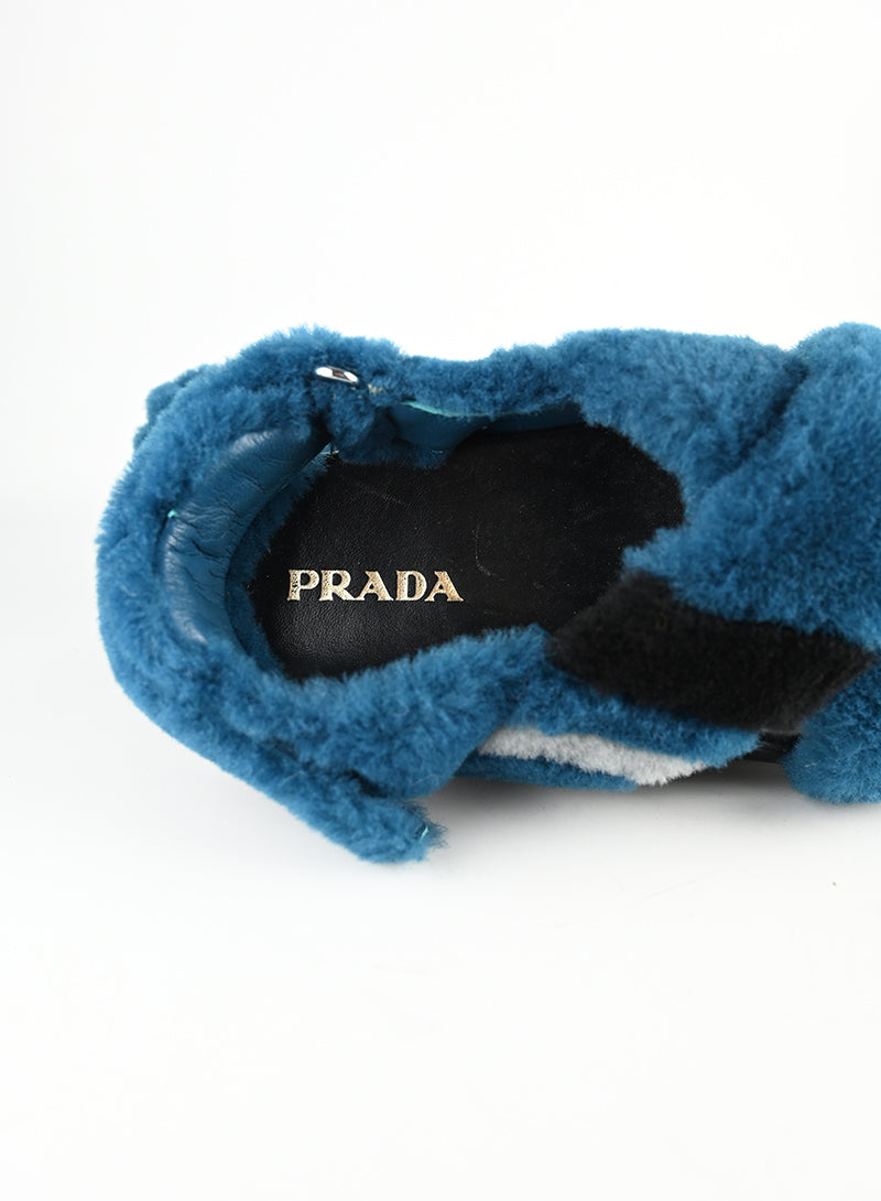 Prada Blue Fur Sandals Women's Size 39 - Luxury Designer Slides for Summer & Beach Wear