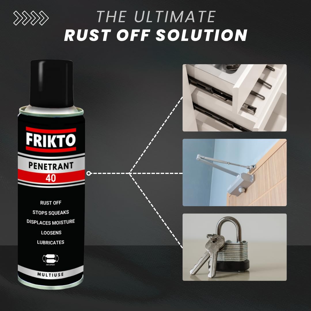 Frikto Penetrant 40 Multi-Purpose 360° Spray Lubricant - Rust Remover, Degreaser & Cleaner for Home, Auto & Industrial Use (170g/6oz) - Perfect for Loosen Rusty Bolts, Lubricate Hinges & Clean Tools