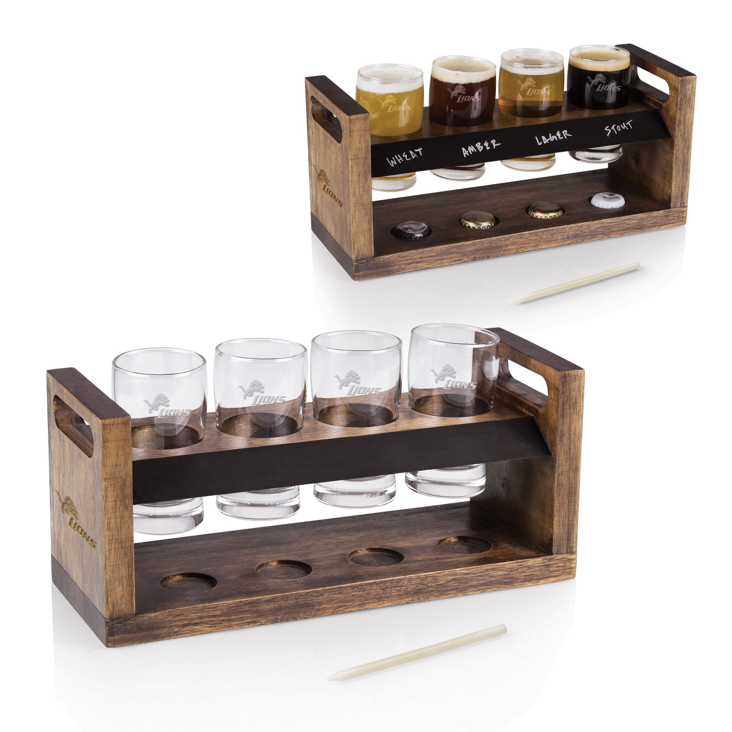 PICNIC TIME Brown Detroit Lions Craft Beer Flight Board - 4-Piece Wooden Beer Tasting Set for Football Tailgating, Home Bar & Game Day Parties