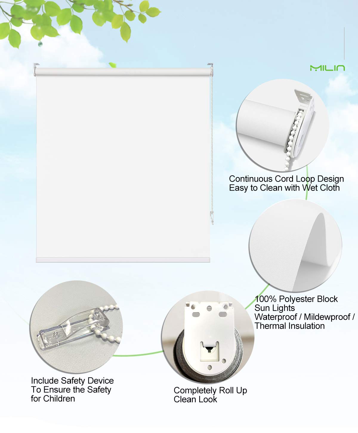 MiLin 100% Blackout Roller Shades - Custom Size Window Blinds for Home & Office | Thermal Insulated, Waterproof, Room Darkening | Fast Delivery (62