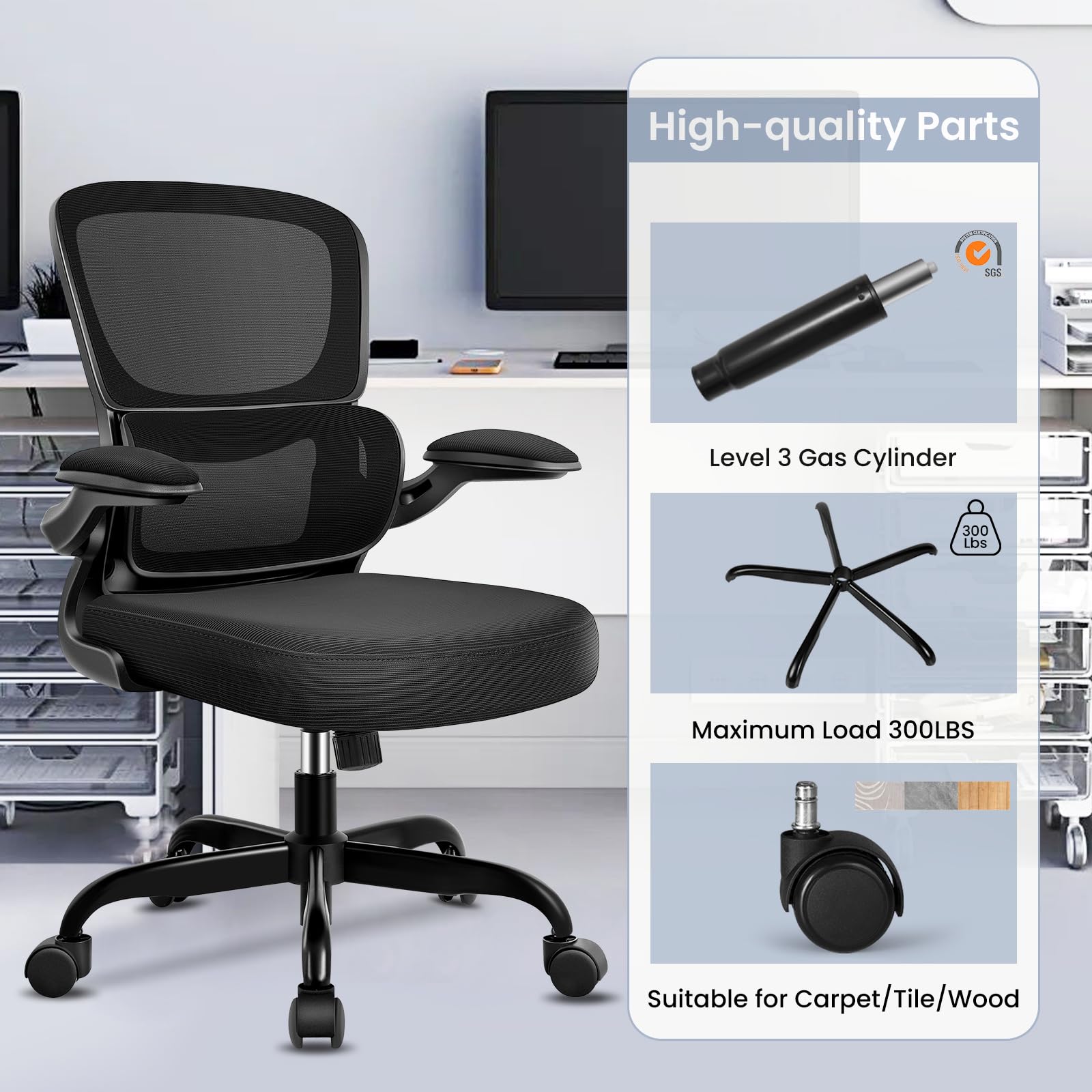 Ergonomic Office Chair with Lumbar Support - Adjustable Mesh Desk Chair for Home & Office - Breathable Mid Back Computer Chair with Reclining Function - Perfect for Long Work Hours & Gaming Sessions - Black