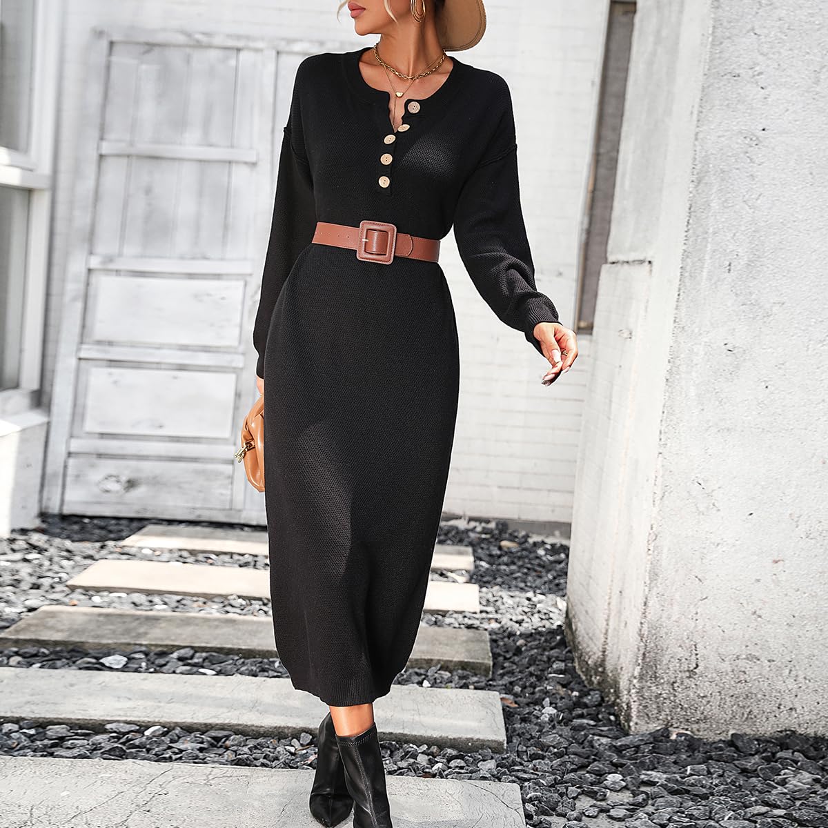 Hathne Women's Crew Neck Button Down Sweater Dress - Long Sleeve Loose Waffle Knit Pullover Maxi Dress for Casual Outfits, Fall Winter Fashion & Layering