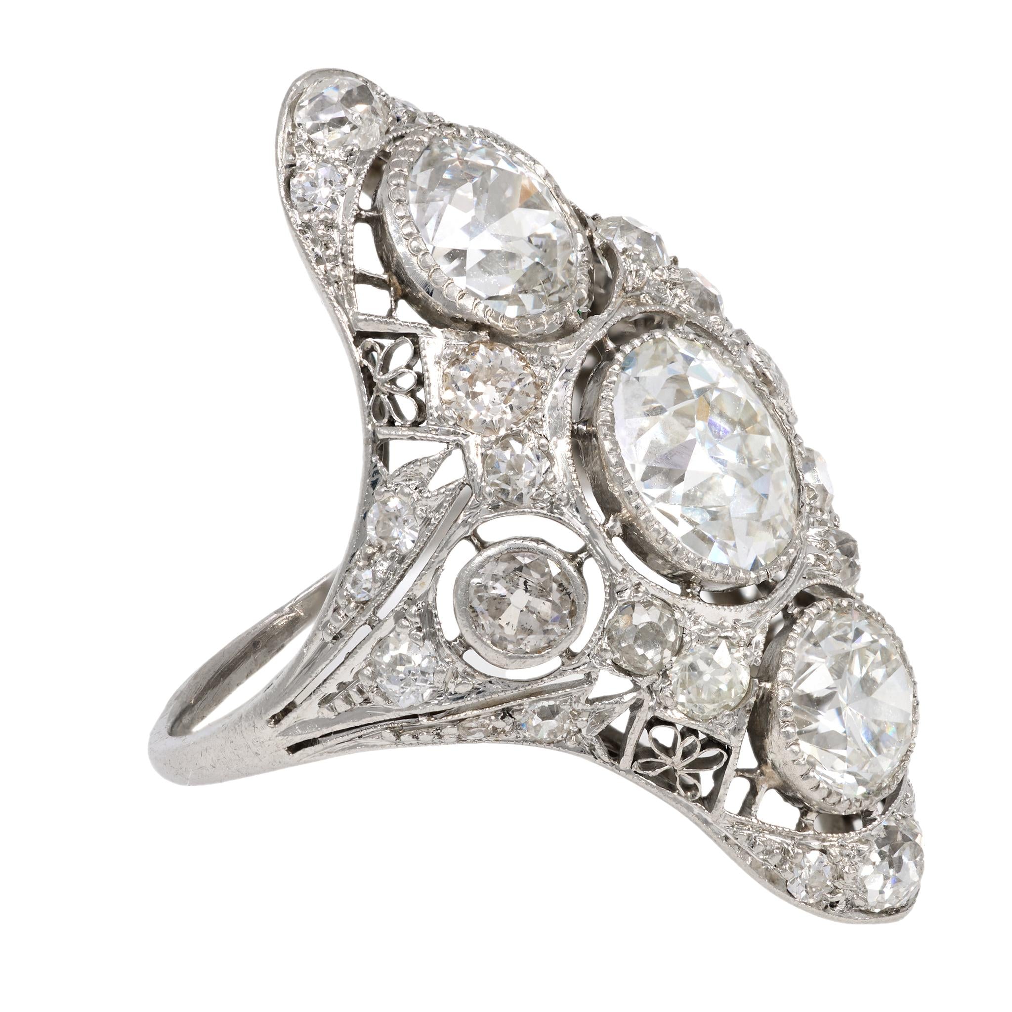 GIA Certified 6 Carat Diamond Art Deco Platinum Navette Ring - Vintage Engagement, Wedding, or Anniversary Jewelry Gift