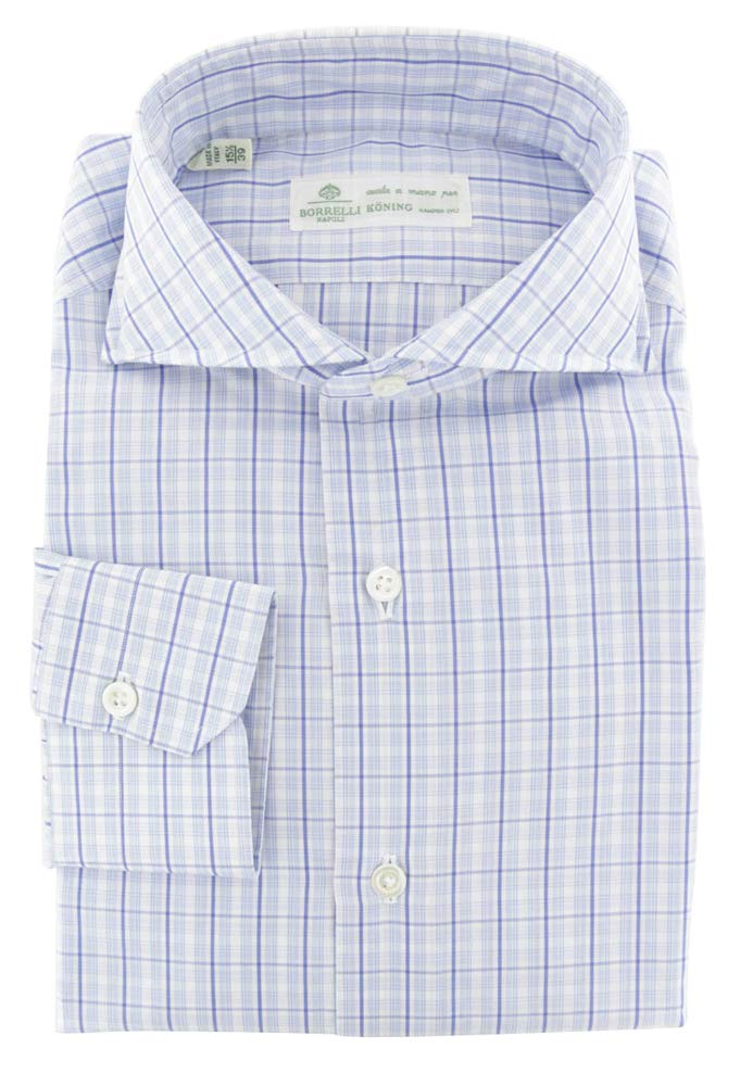 Light Blue Plaid Extra-Wide Spread Collar Cotton Button Down Shirt for Men - Size 15.75/40 - Perfect for Business Casual & Office Wear