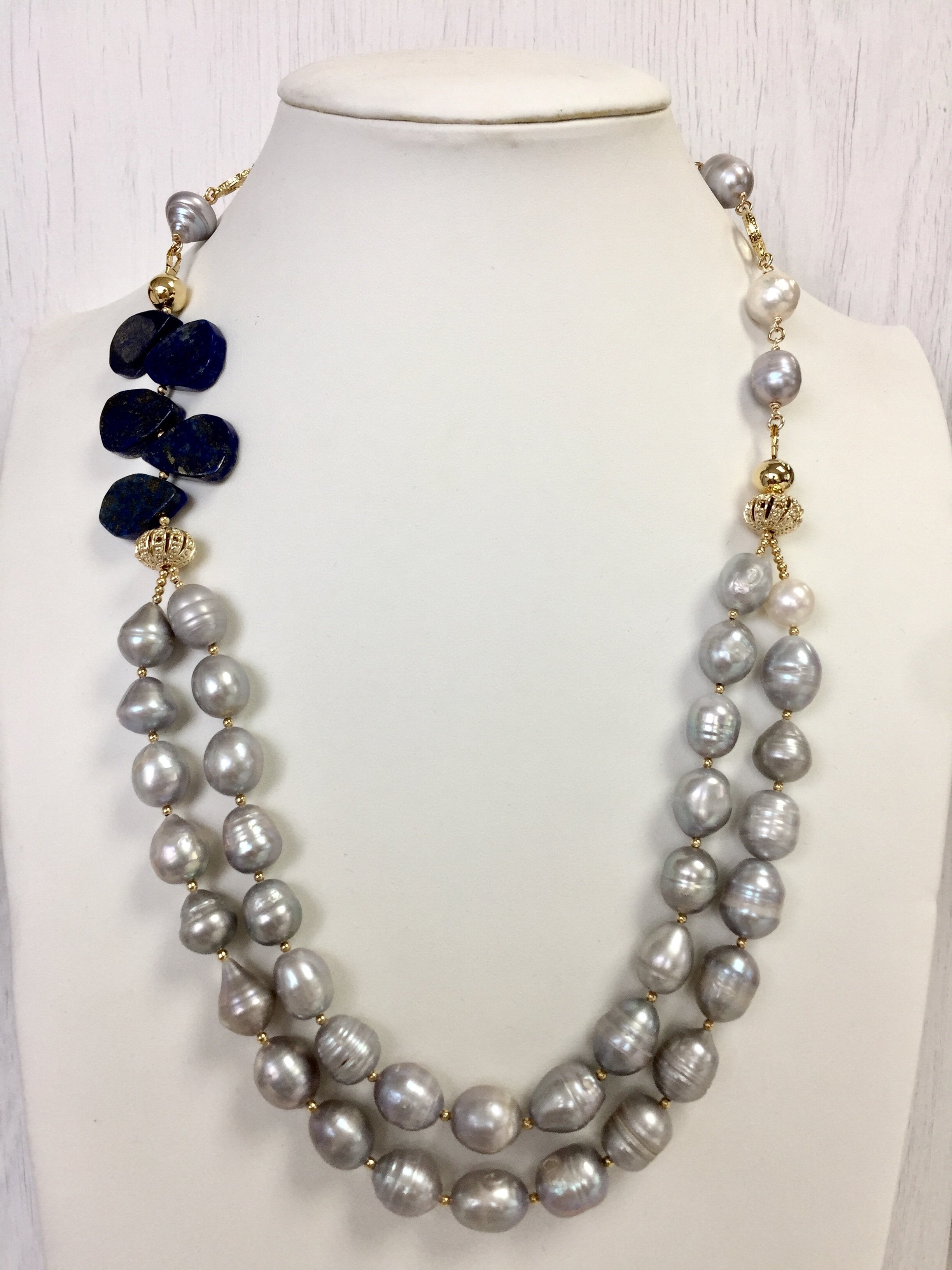 Lapis Lazuli & Freshwater Pearl Double Strand Necklace MN041 - Elegant Jewelry for Women, Perfect for Weddings, Parties & Special Occasions