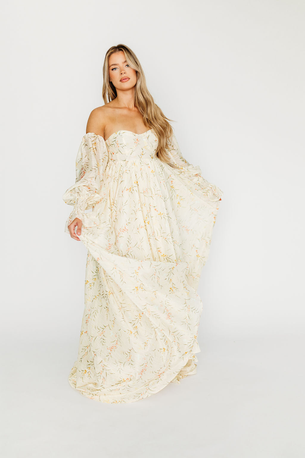 Delilah Cream Floral Maternity Dress with Train - Bump Friendly Wedding Guest Dress for Baby Showers & Special Occasions