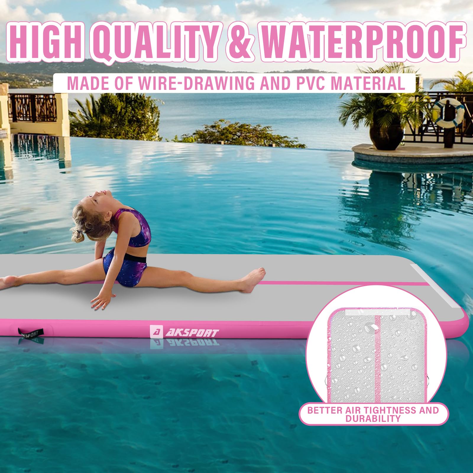 AKSPORT Inflatable Gymnastics Mat Tumble Track - 10ft, 13ft, 16ft, 20ft, 23ft Air Tumbling Mat with Pump for Home Gym, Cheerleading, Yoga & Kids Play - Perfect for Indoor Training, Backyard Fun & Fitness Activities