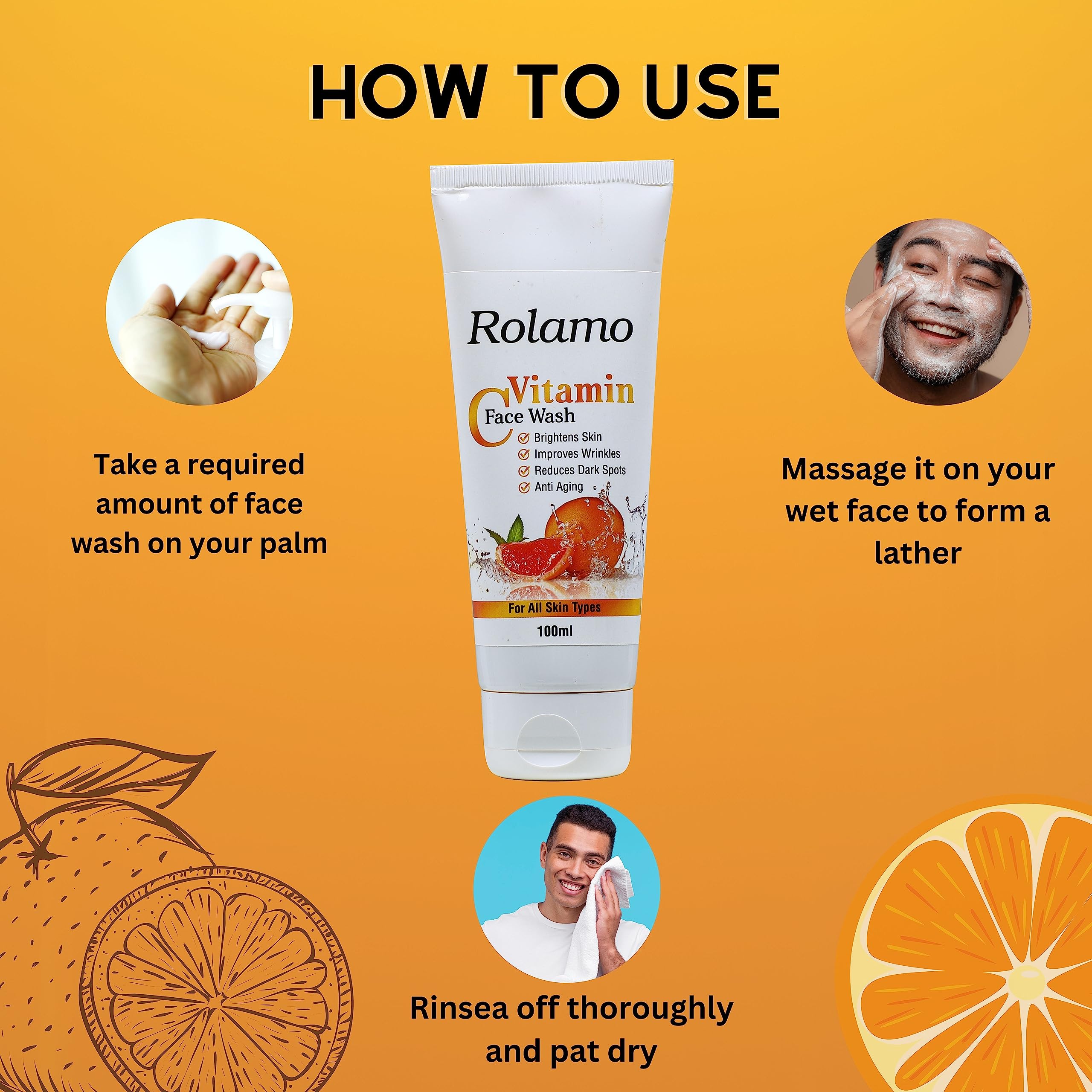 Rolamo Vitamin C Face Wash & Scrub Combo Pack (100ml x 2) - Brightening, Tan Removal & Pollution Protection for All Skin Types | Daily Skincare Routine for Glowing Complexion