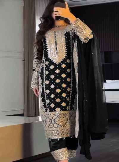 Midnight Black Georgette Sequins Moti Salwar Suit Set - Elegant Indian Ethnic Wear for Weddings & Festivals | Perfect for Diwali, Parties & Special Occasions