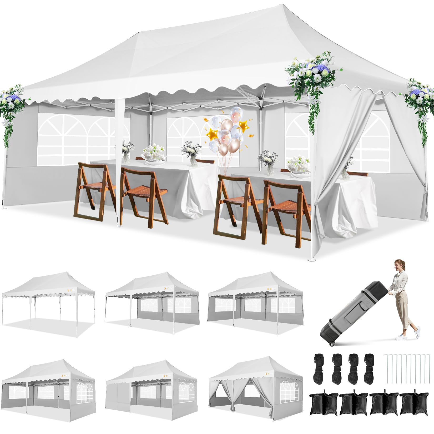 HOTEEL 10x20 Pop Up Canopy Tent - Waterproof & Easy Setup with 6 Sidewalls, 4 Sandbags & Wheeled Carry Bag | Sunproof Outdoor Shelter for Backyard Parties, Weddings, Events, Patio Gatherings & Camping | White Instant Canopy for Commercial or Personal Use