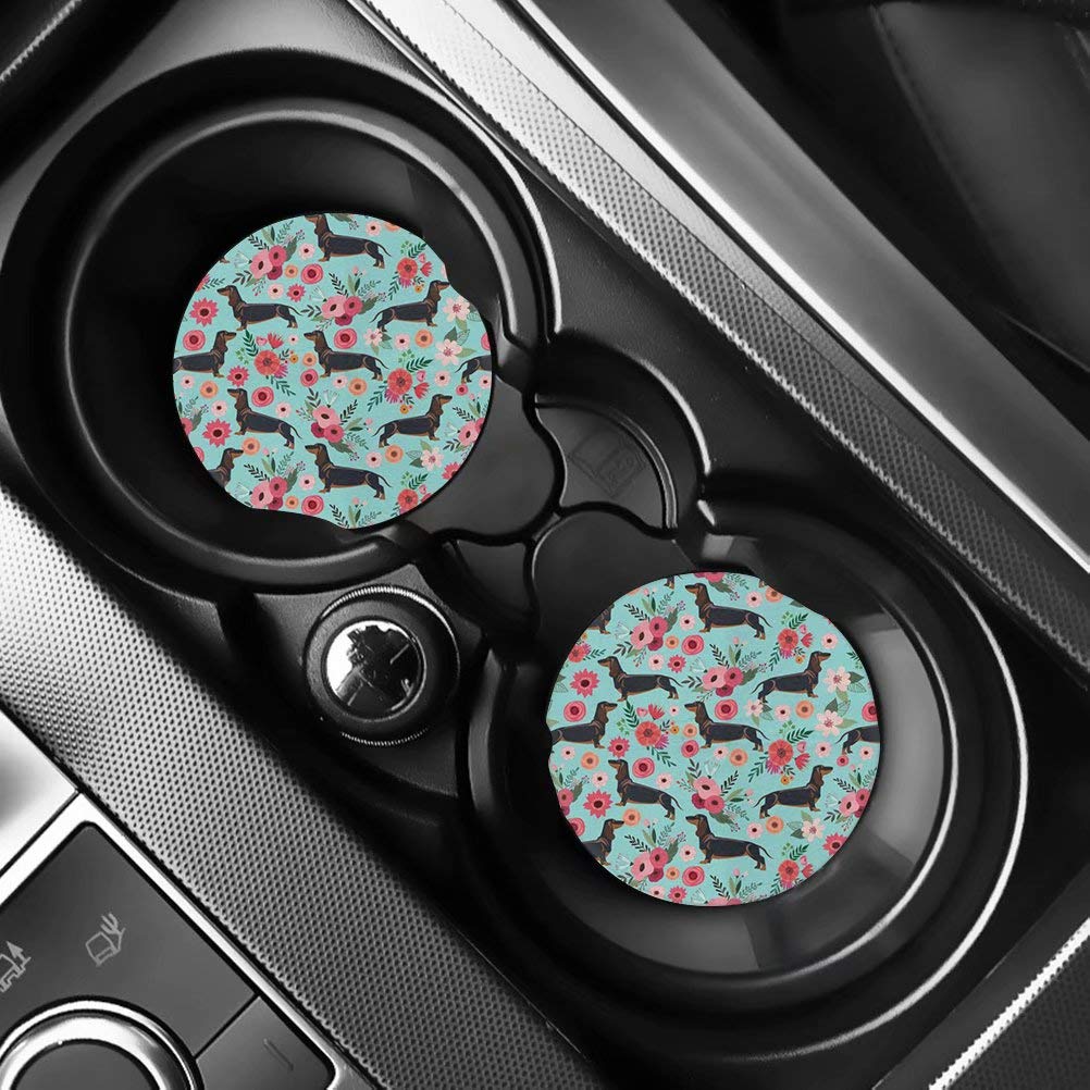 Floral Dachshund Car Coasters (2-Pack) - Absorbent Cup Holder Mats for Cars, Trucks & SUVs | Non-Slip Drink Coasters 2.75