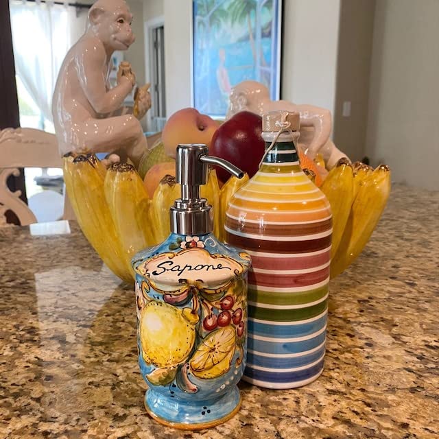 Italian Ceramic Soap Dispenser - Hand Painted Lemon Pattern, Rust Proof Stainless Steel Pump, Amalfi Style for Bathroom & Kitchen Decor | Made in Italy | Perfect for Coastal, Farmhouse, and Mediterranean Home Decor