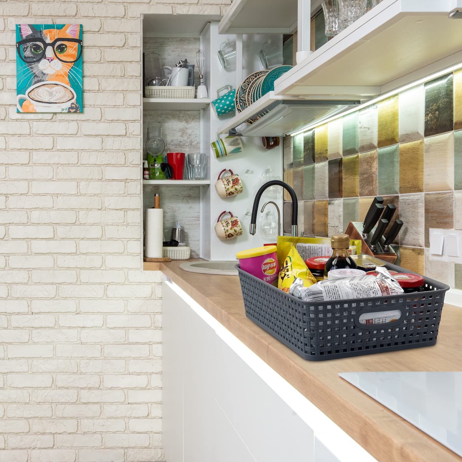 4-Pack Gray Plastic Storage Baskets & Shallow Trays - Organize Paper, Office Supplies & Household Items - Perfect for Desks, Shelves & Bathroom Organization