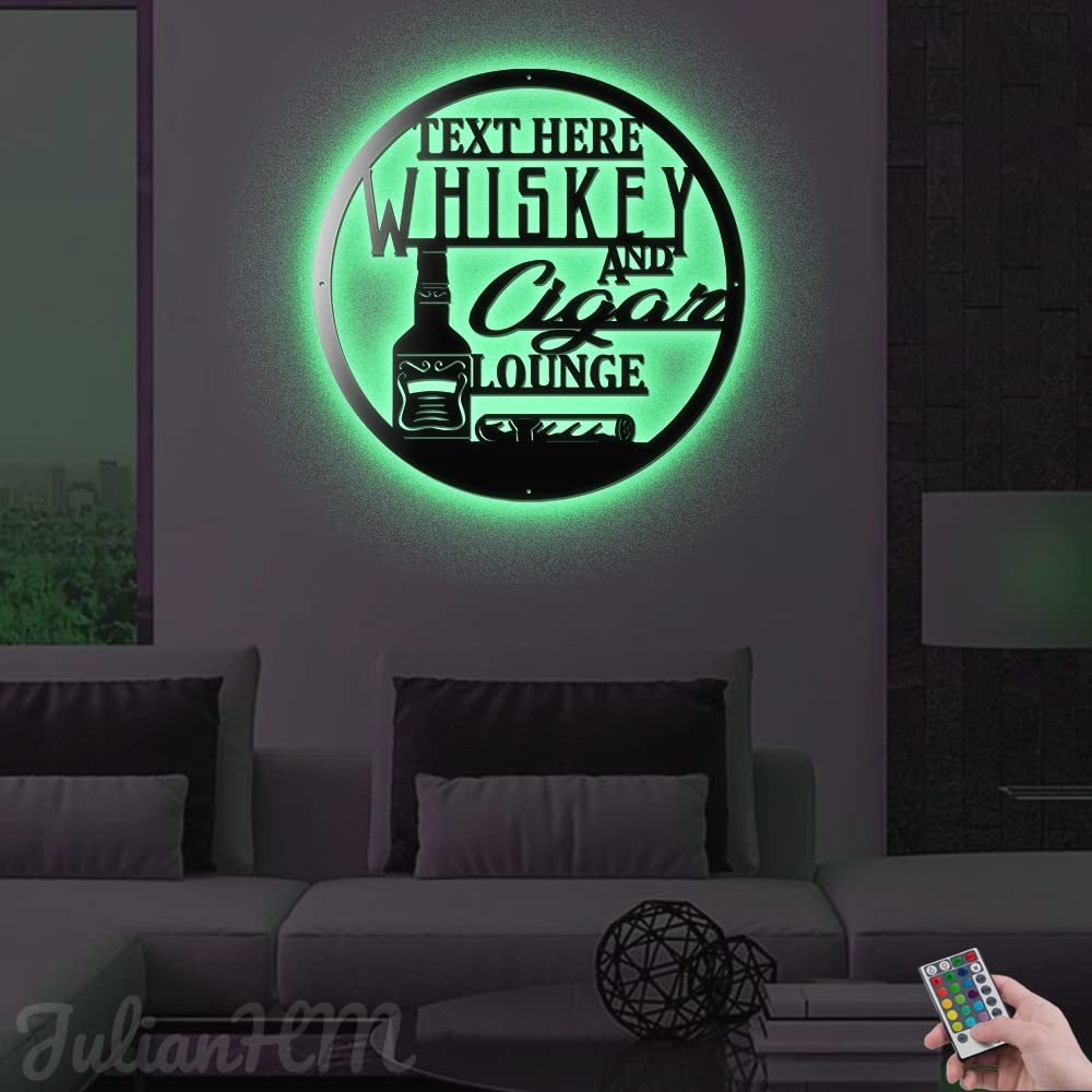 Personalized Whiskey & Cigar Lounge LED Metal Wall Art - Custom Bar Name Sign with Lights (24x24 Inches) - Perfect for Home Bar Decor, Man Cave, and Smoking Room Ambiance