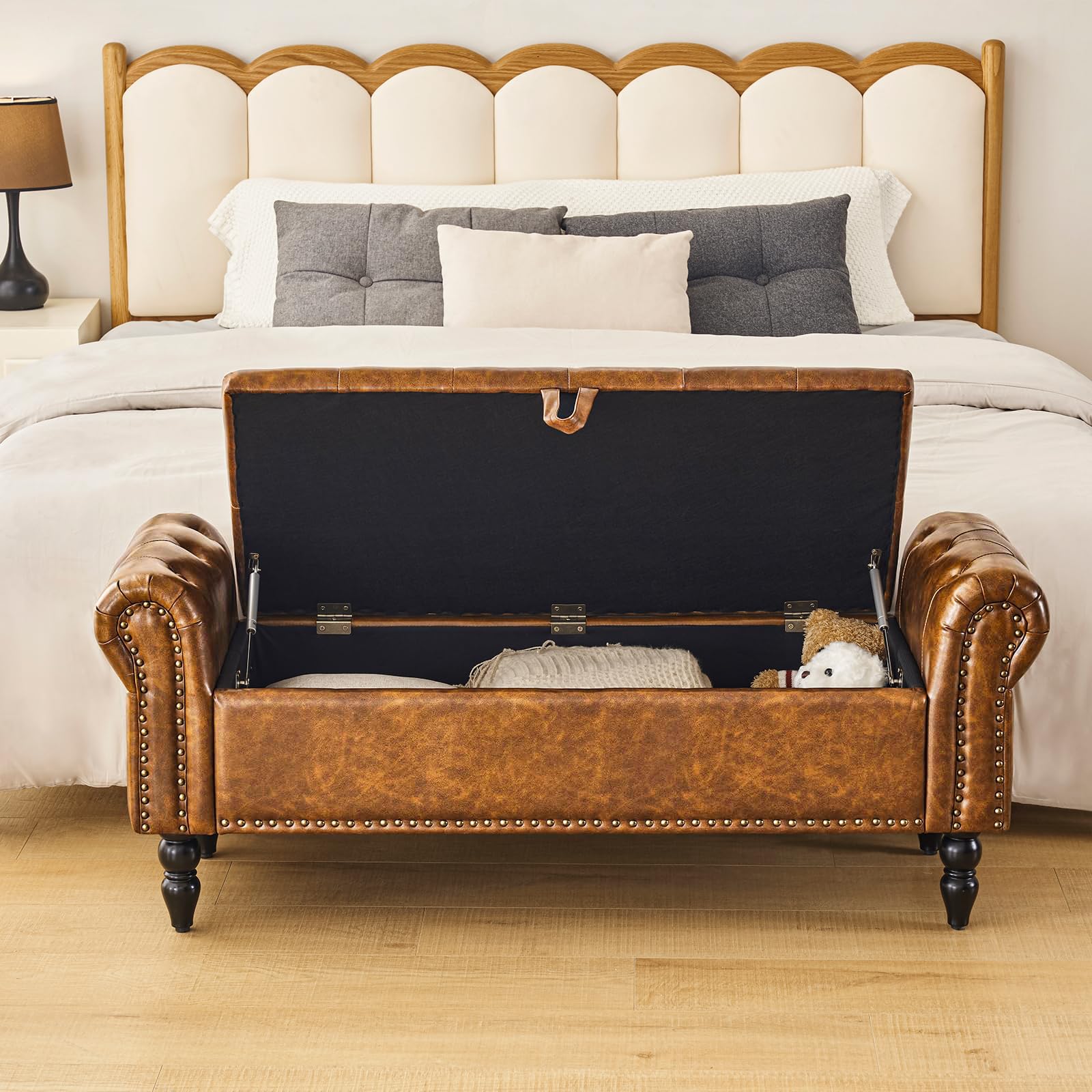 Furnimart Faux Leather Storage Ottoman Bench with Rolled Arms - 2.5 Cubic Feet Storage Space for Bedroom, Living Room & Entryway | Perfect for Extra Seating, Shoe Storage & Home Organization