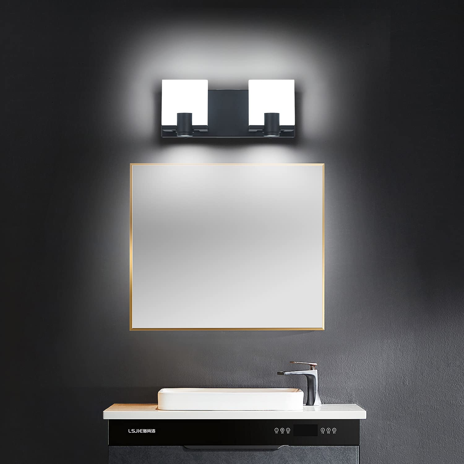 SOLFART Dimmable LED Bathroom Vanity Light Fixtures - Modern 2-Light Black Matte Over Mirror Lighting with Adjustable Spotlights - Perfect for Bathroom, Powder Room & Dressing Area Makeup Lighting