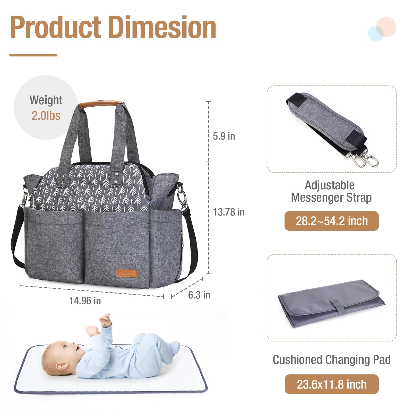 **Lekebaby Large Waterproof Diaper Bag Tote for Moms - Stylish Grey Arrow Print, Hospital & Travel Baby Essentials Organizer - Perfect for Daycare, Outings & Family Trips**
