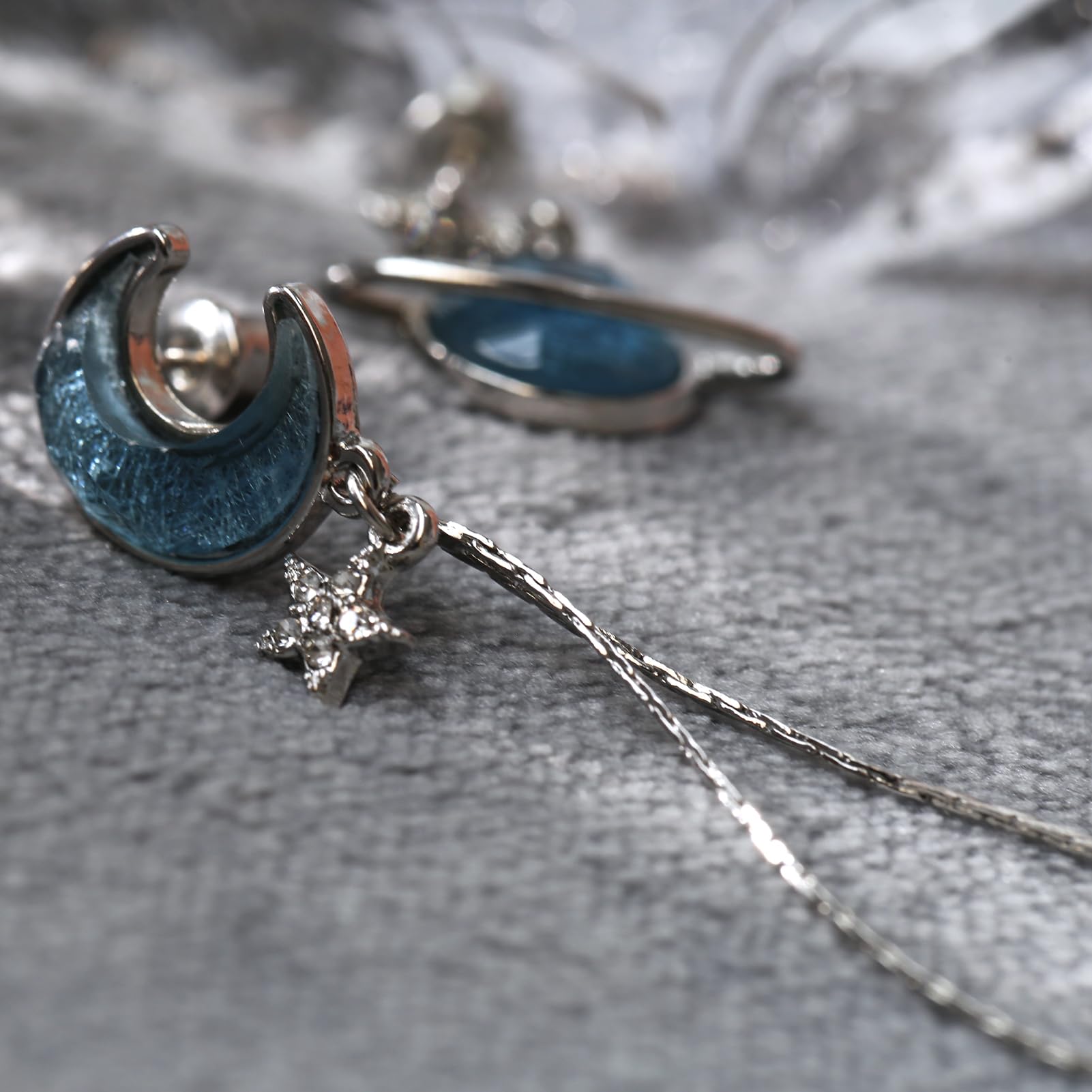 Blue Moon & Saturn Dangle Earrings - Asymmetric Space-Themed Moonstone & Rhinestone Star Earrings in 925 Sterling Silver | Women's Jewelry Gift for Parties, Date Nights & Special Occasions