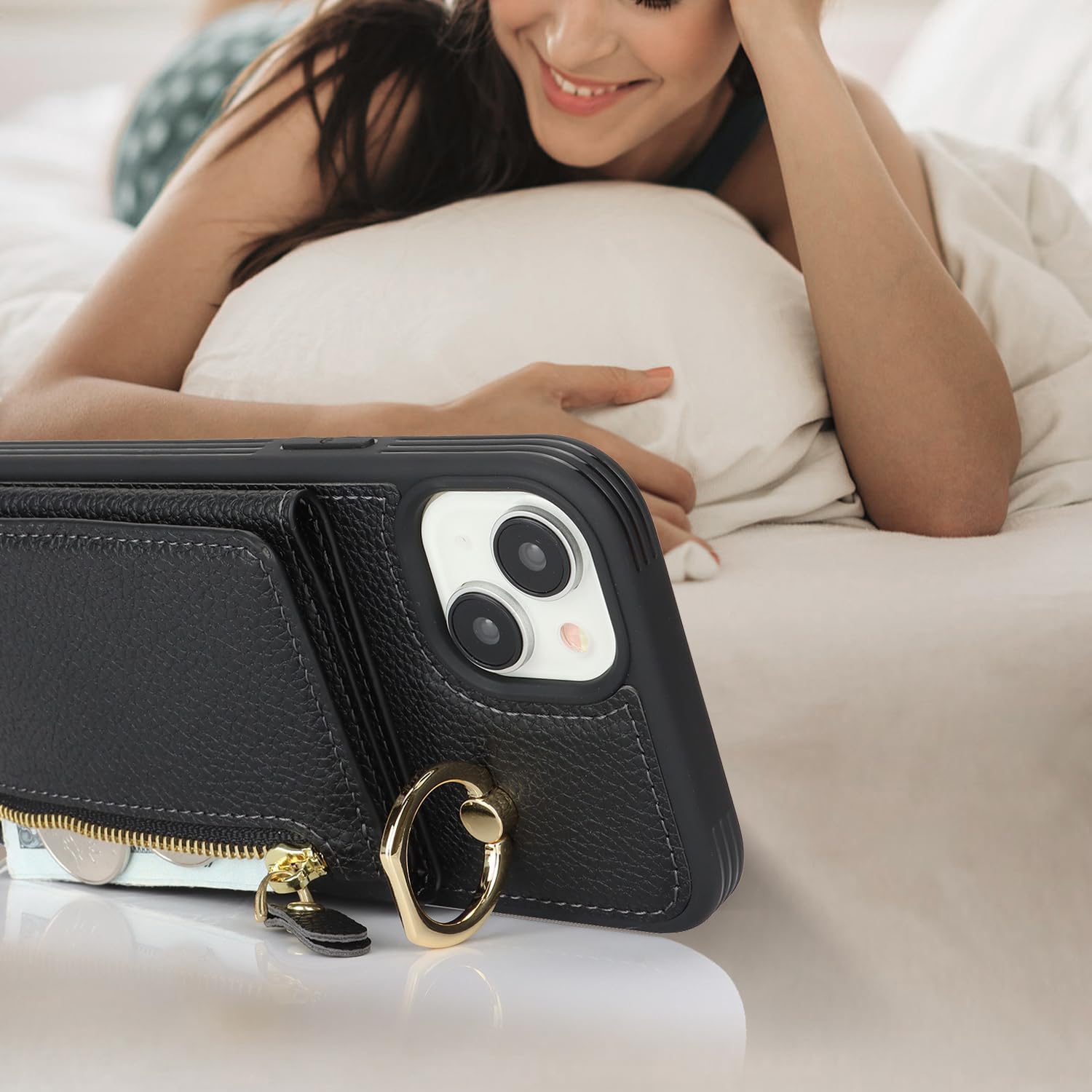 Premium Leather Wallet Case for iPhone 15 Plus with Card Holder & Crossbody Strap - Built-in Stand & Zipper Pocket - Fashionable Protective Phone Cover for Women (Black) | Perfect for Travel, Shopping & Everyday Use