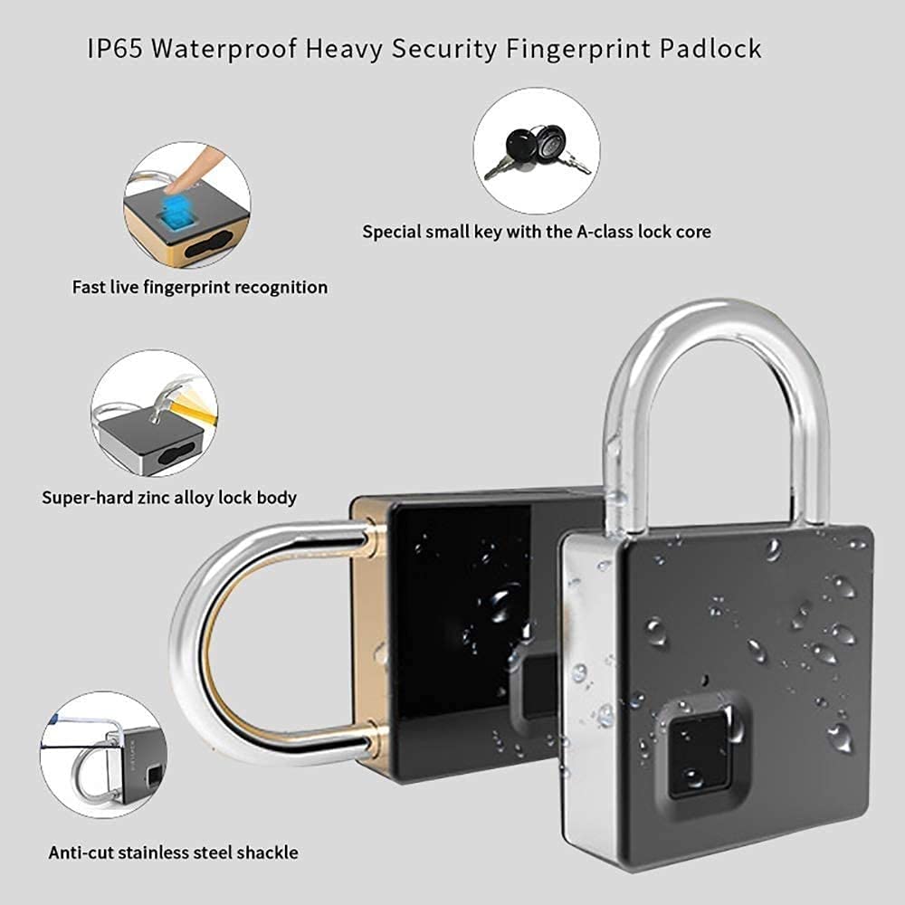 Waterproof Fingerprint Padlock with USB Charging - Ultra Light One-Touch Open Smart Lock (Fingerprint & Key Combo) for Gym Lockers, Sports Bags, Fence Gates & Suitcases - Secure Your Belongings Anywhere