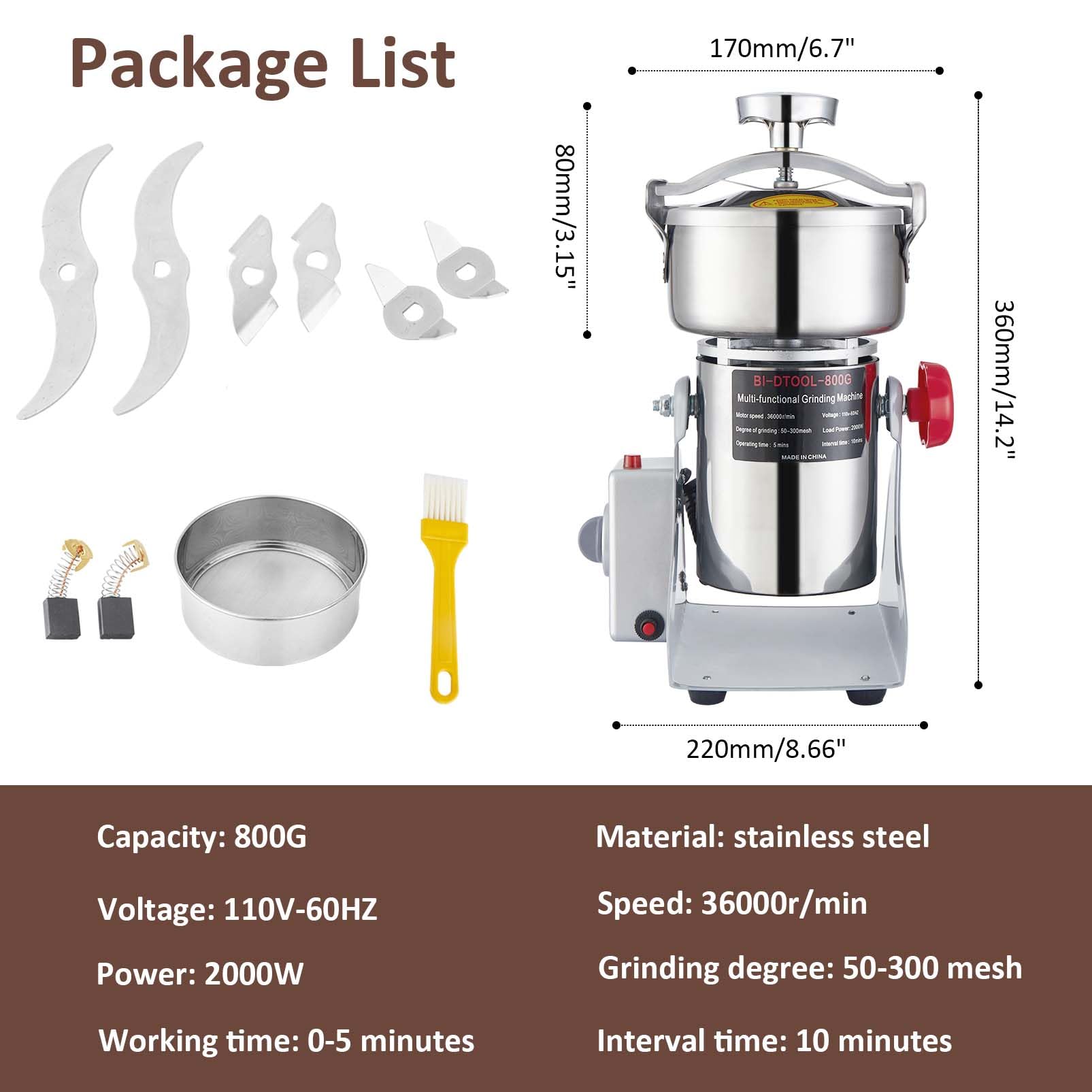 800W Electric Grain Mill Grinder - High-Speed 36000r/min Stainless Steel Dry Grinder for Wheat, Rice, Spices - Perfect for Home Kitchen & Commercial Use - Make Fresh Flour, Coffee, Baby Food & More