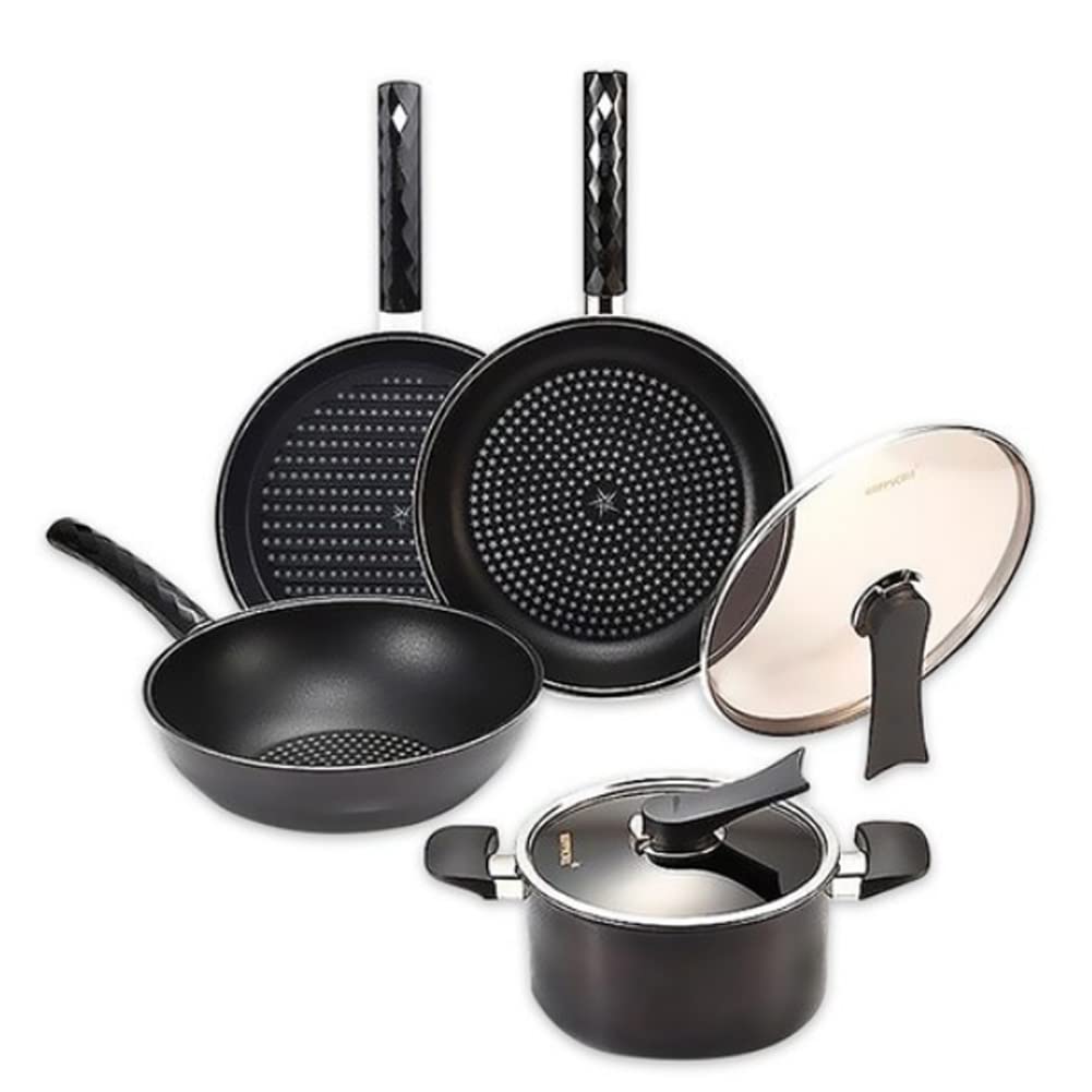 Happycall Diamond-Coated Porcelain Pan and Pot Set - 5-Piece Nonstick Cookware for Induction (28cm Frying Pan, 28cm Royal Pan, 28cm Grill Pan, 20cm Pot with 28cm Lid) - Perfect for Home Cooking, Family Meals & Professional Kitchens