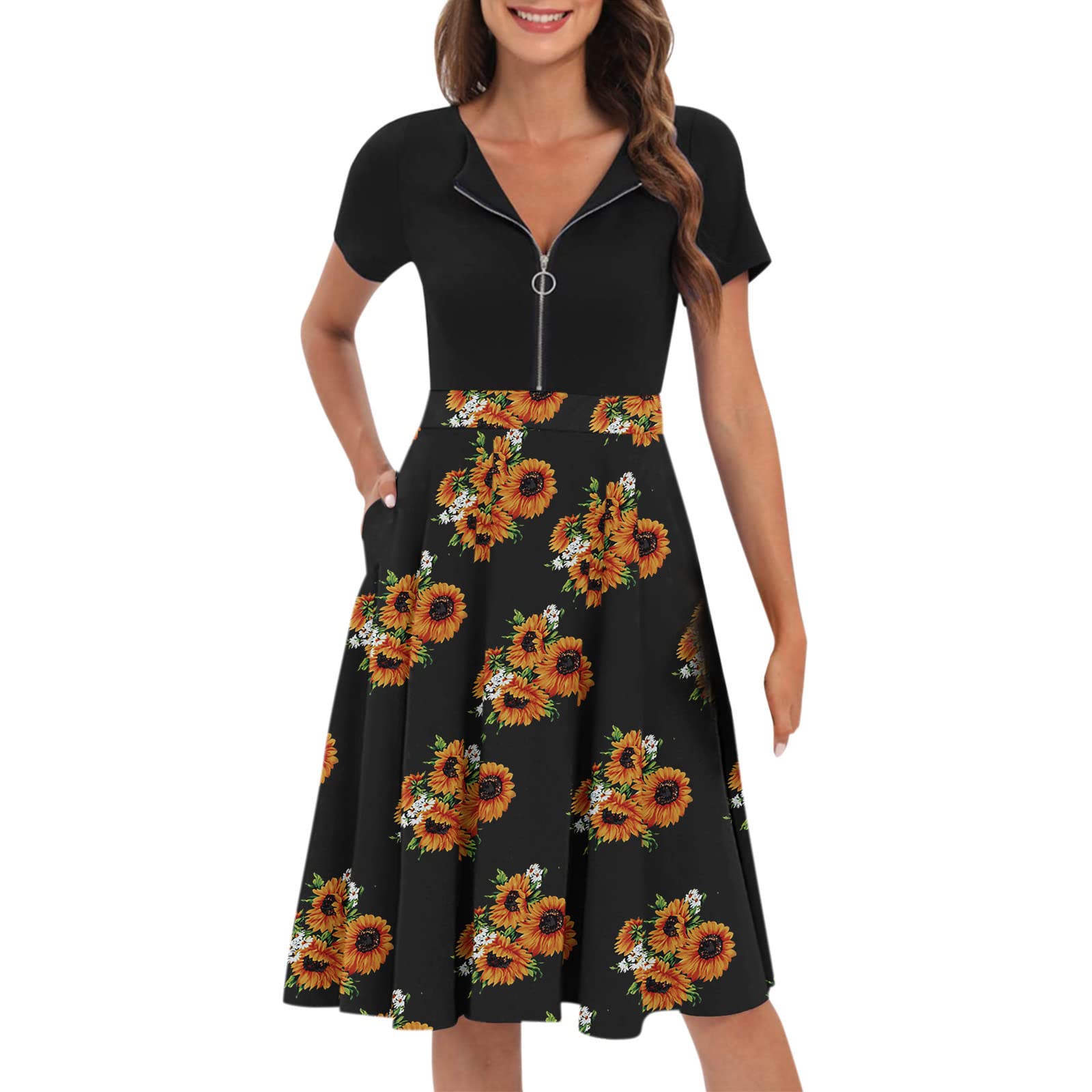 Vintage Floral Print A-Line Swing Dress for Women - Summer Casual Midi Dress with Zipper, Flared Party Dress for Teens | Perfect for Beach Outings, Garden Parties & Date Nights