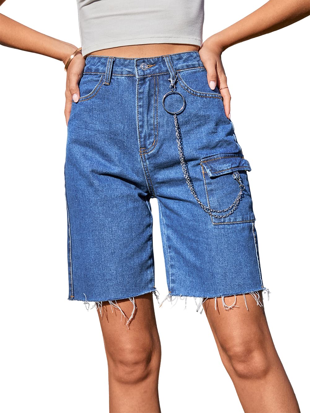 CHARTOU Women's Distressed Raw Hem Denim Shorts with Fringe & Chain Detail - High Waisted Straight Leg Jean Shorts for Summer Casual Outfits & Beach Wear