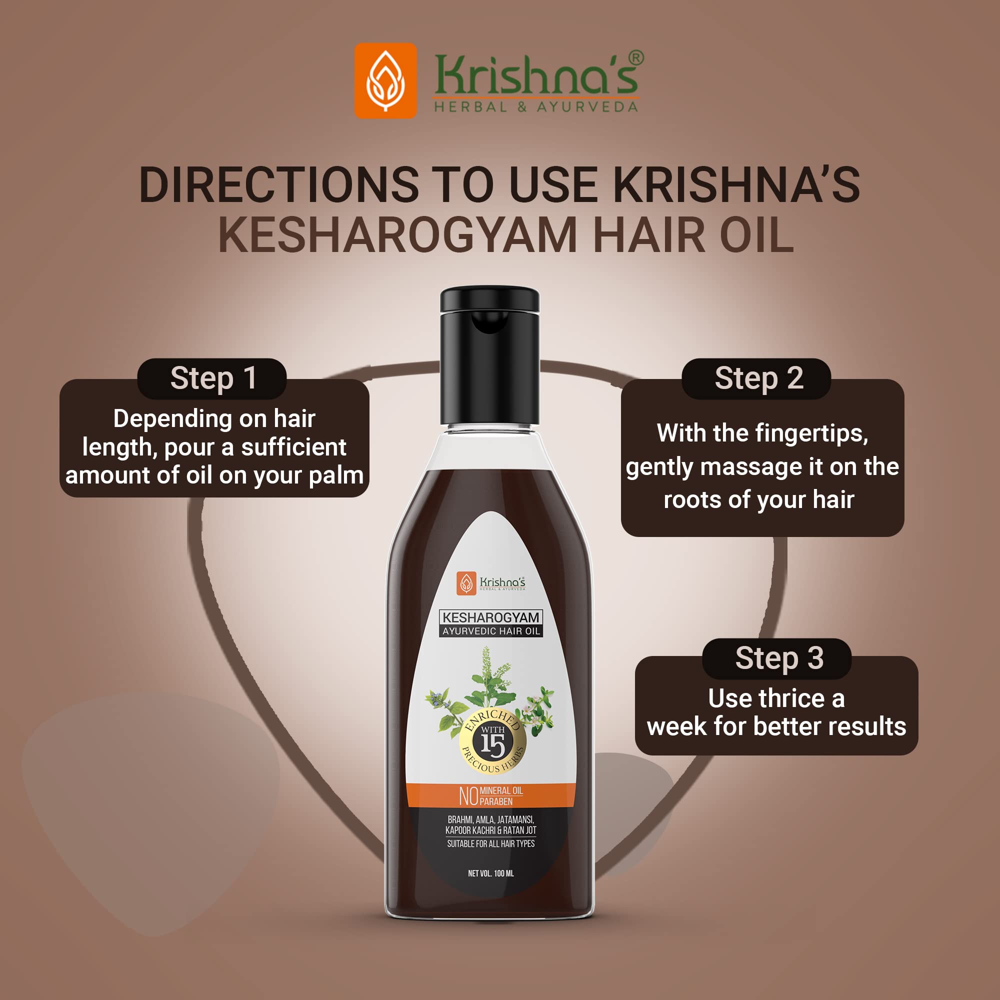 Krishna's Kesharogyam Ayurvedic Hair Oil - 100ml Natural Hair Growth Treatment with 15 Herbs (Amla, Jatamasi) | Paraben-Free for Strong, Healthy Hair | Perfect for Daily Scalp Massage & Hair Care Routine