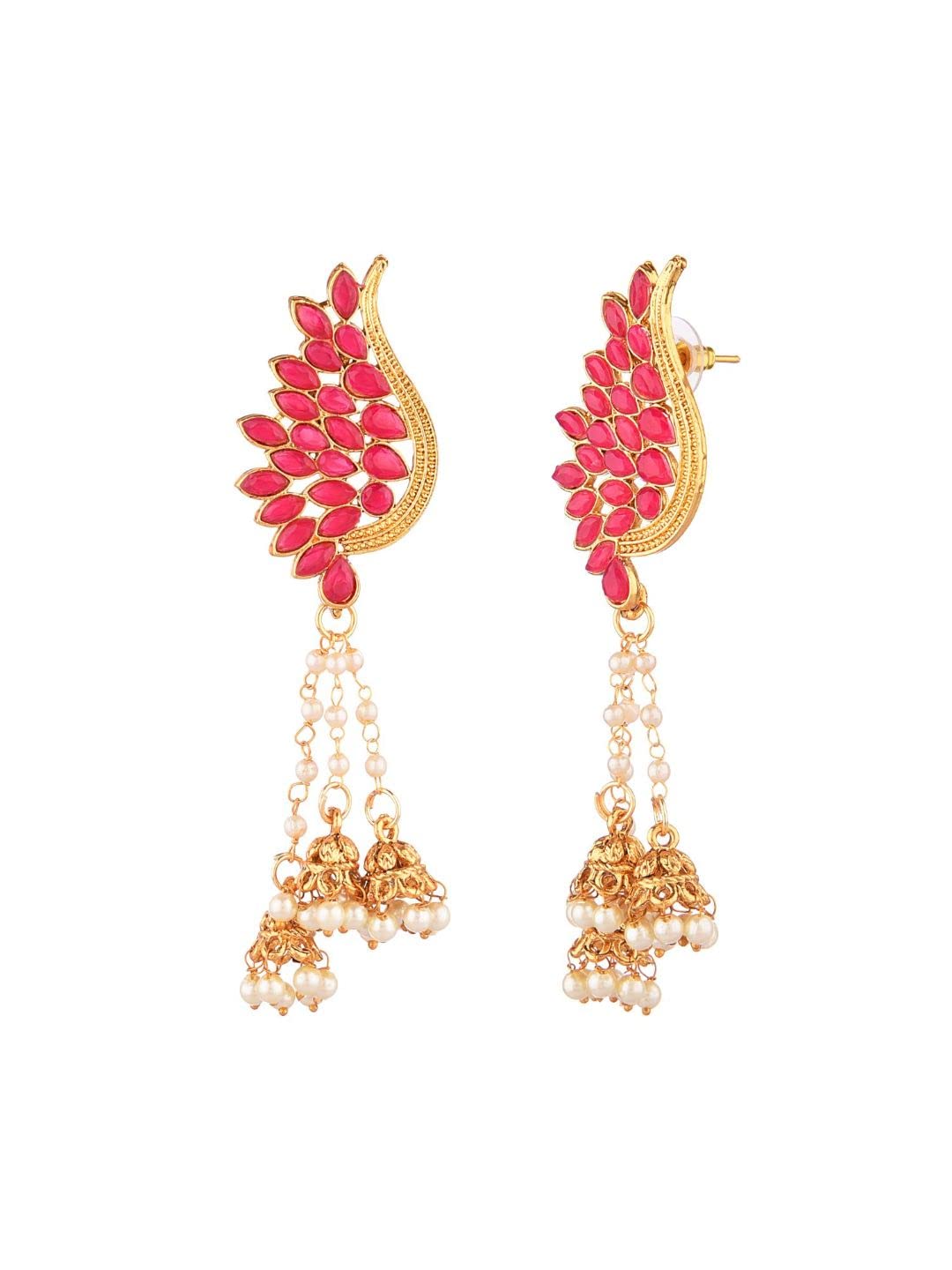 Elegant Indian Crystal Leaf & Faux Pearl Tassel Jhumki Earrings for Women - Boho Chic Dangle Earrings Set - Perfect for Bollywood Parties, Weddings & Festive Occasions