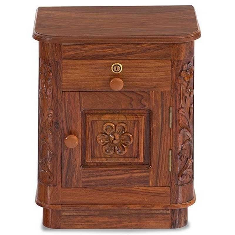 Antique Brass Embossed Solid Wood Carved Czar Bedside Table - Elegant Nightstand for Bedroom, Living Room, or Guest Room Decor