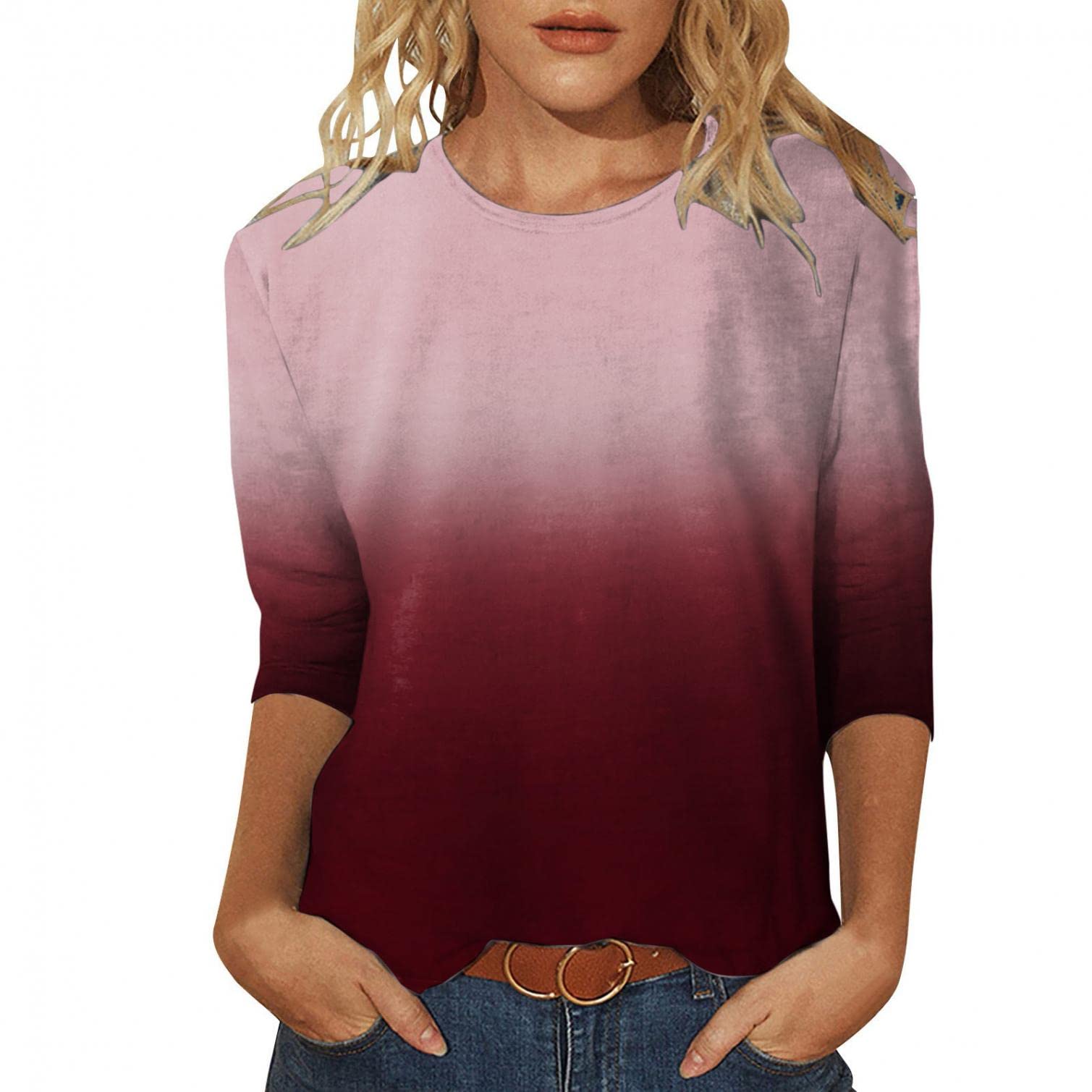 FABIURT Women's Summer Tops - Trendy 3/4 Sleeve Button Down V-Neck Casual Loose T-Shirts | Perfect for Beach Outings, Office Wear & Summer Vacation Outfits
